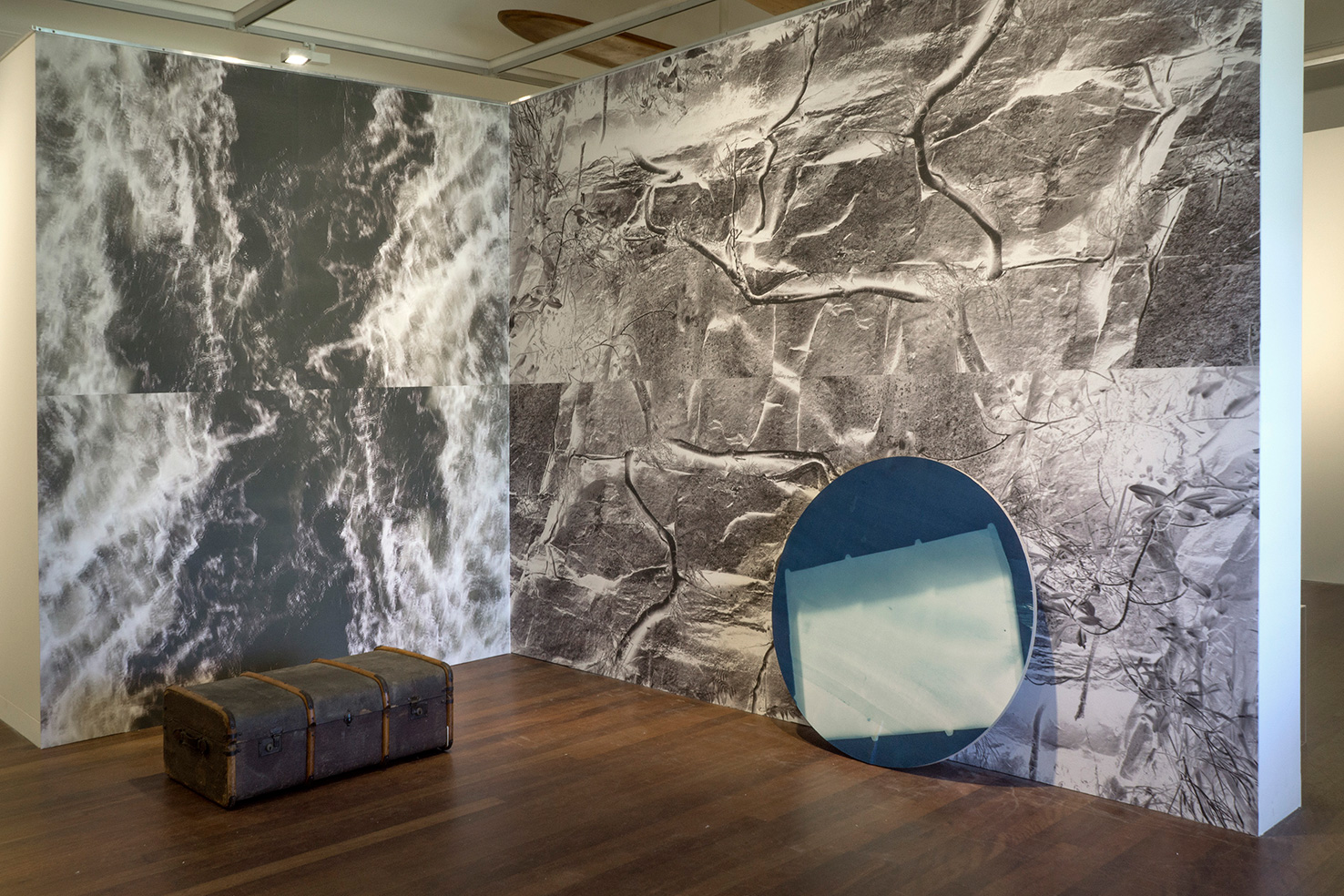 Izabela Pluta The Voyage 2015 installation view, Manley Art Gallery and Museum 2 latex-based ink-jet prints (wallpaper); cyanotype on plywood (photogram); suitcase from museum’s collection