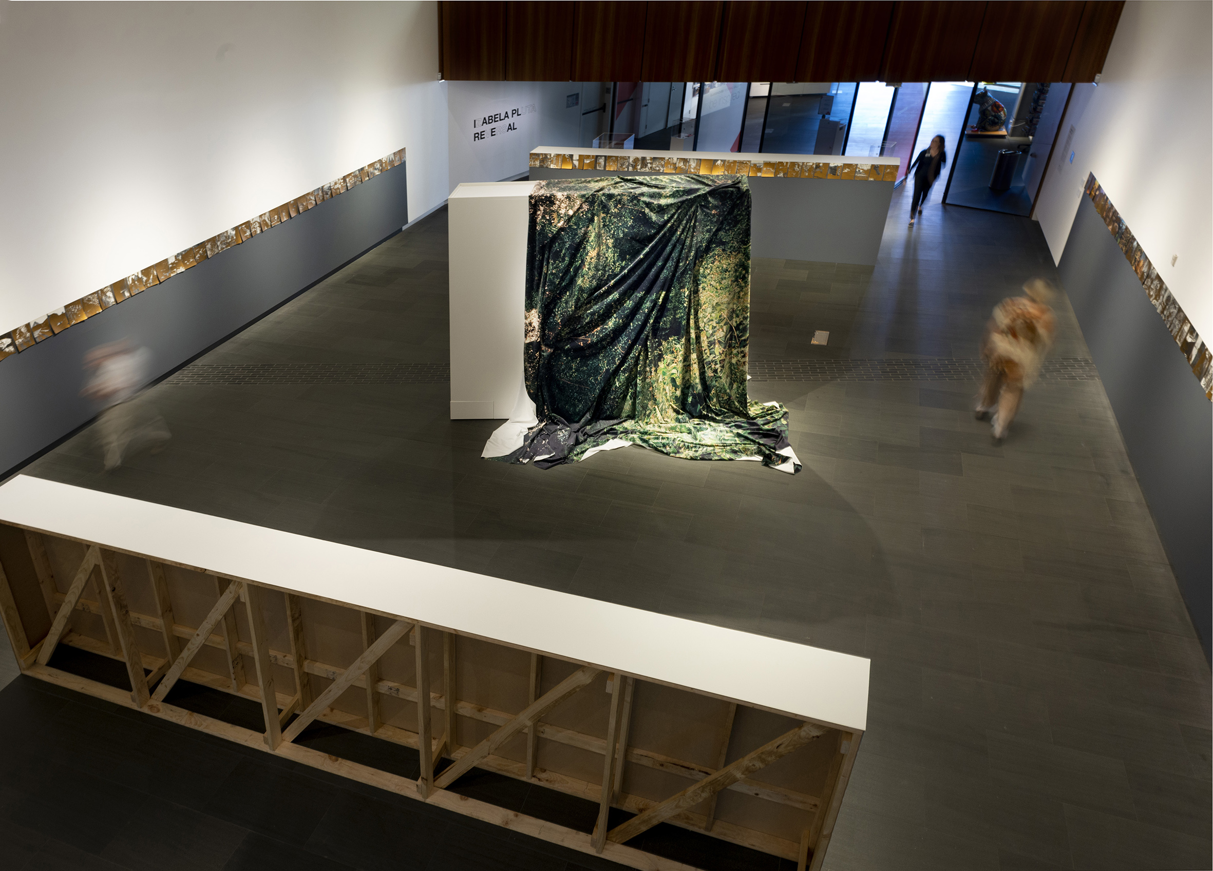    Reversal   2019   dye-sublimation print on fabric 560 x 800 cm    After the pleasure of ruins   2015–2019  153 unique photo silk screen prints on found book pages 18.7 x 25.4 cm each 