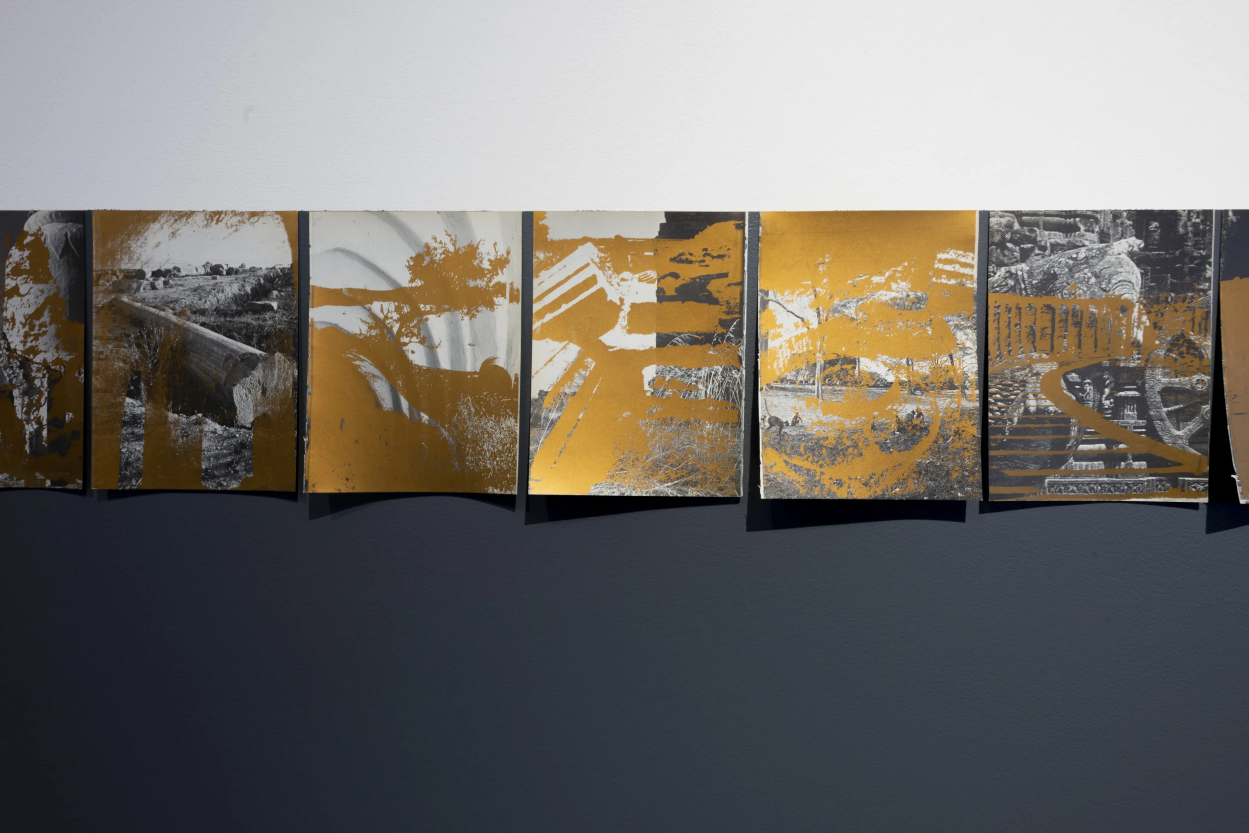   After the pleasure of ruins  2015–2019 (detail) 153 unique photo silk screen prints on found book pages 18.7 x 25.4 cm each installation view, Glasshouse Regional Gallery 