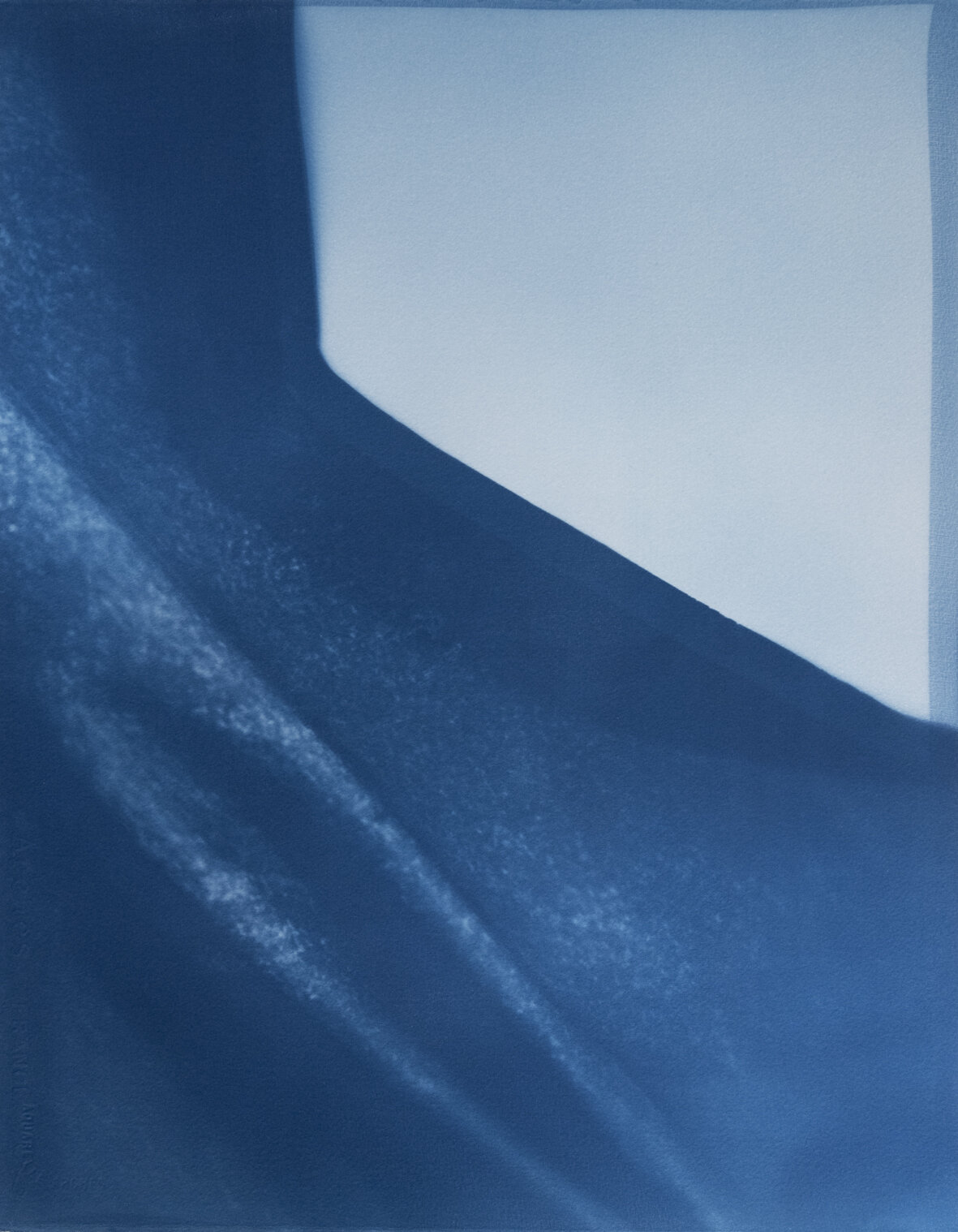    Blue spectrum and descent   2020  Cyanotypes on watercolour paper 52 x 42 cm (framed, white box w/glazing) 50.5 x 40.5 cm (sheet) 156 x 672 cm (overall Installation) detail 