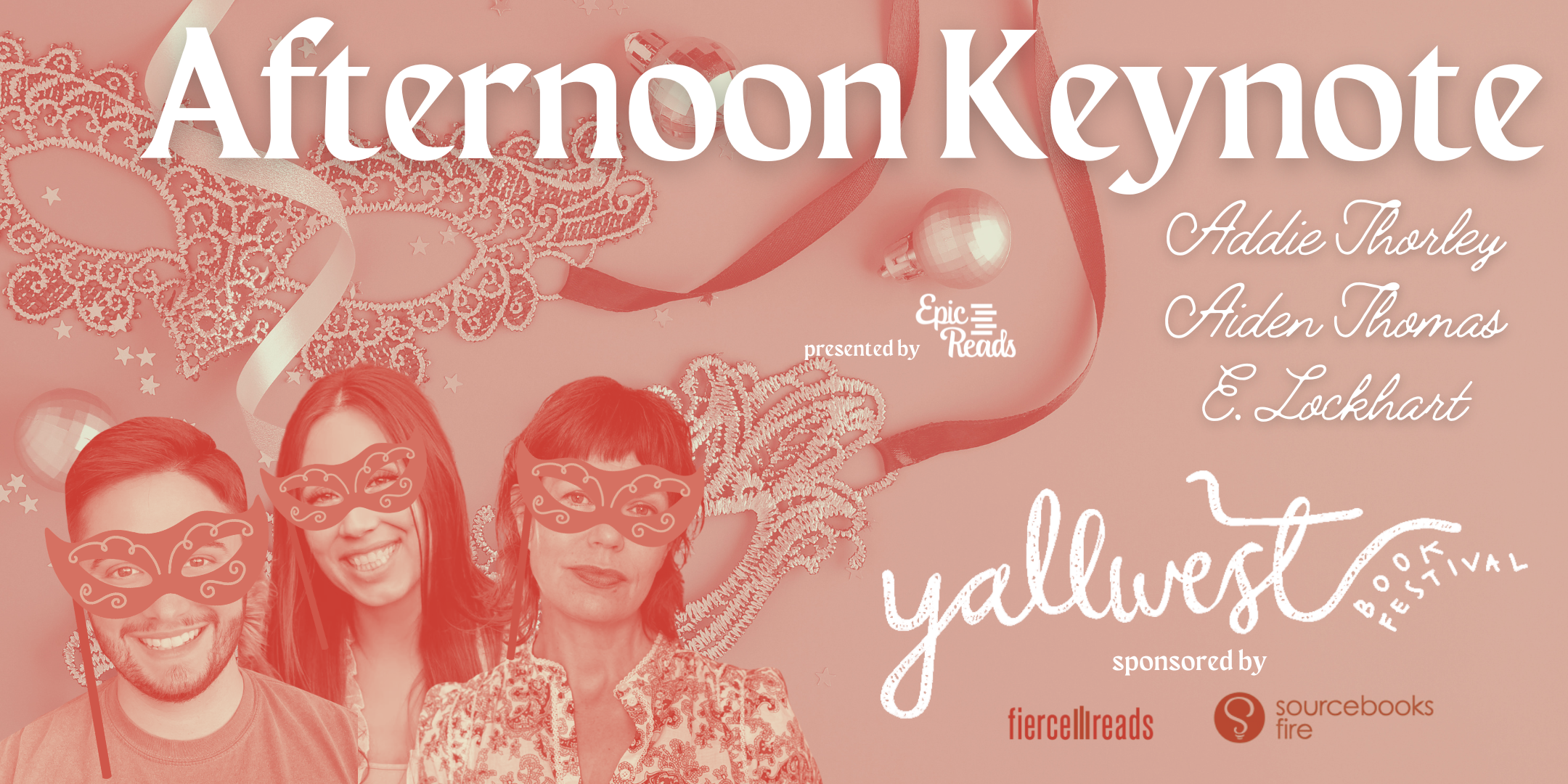 graphic for afternoon keynote with photos of aiden thomas, addie thorley, and e lockhart