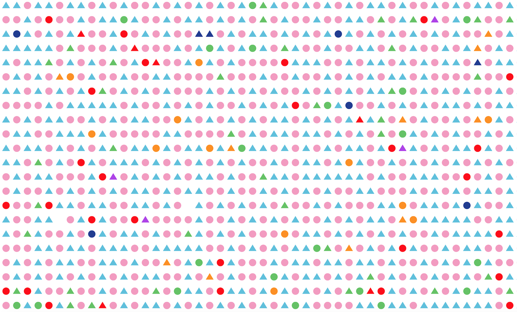 Every icon is one message, pink circles are my messages, blue triangles are from my boyfriend. If we say "I miss you" in the message, it will be red; If we say "haha", it will be green; if we say "me too", it will be orange; If we say "home", it will be purple; I f we say "data", it will be dark blue.