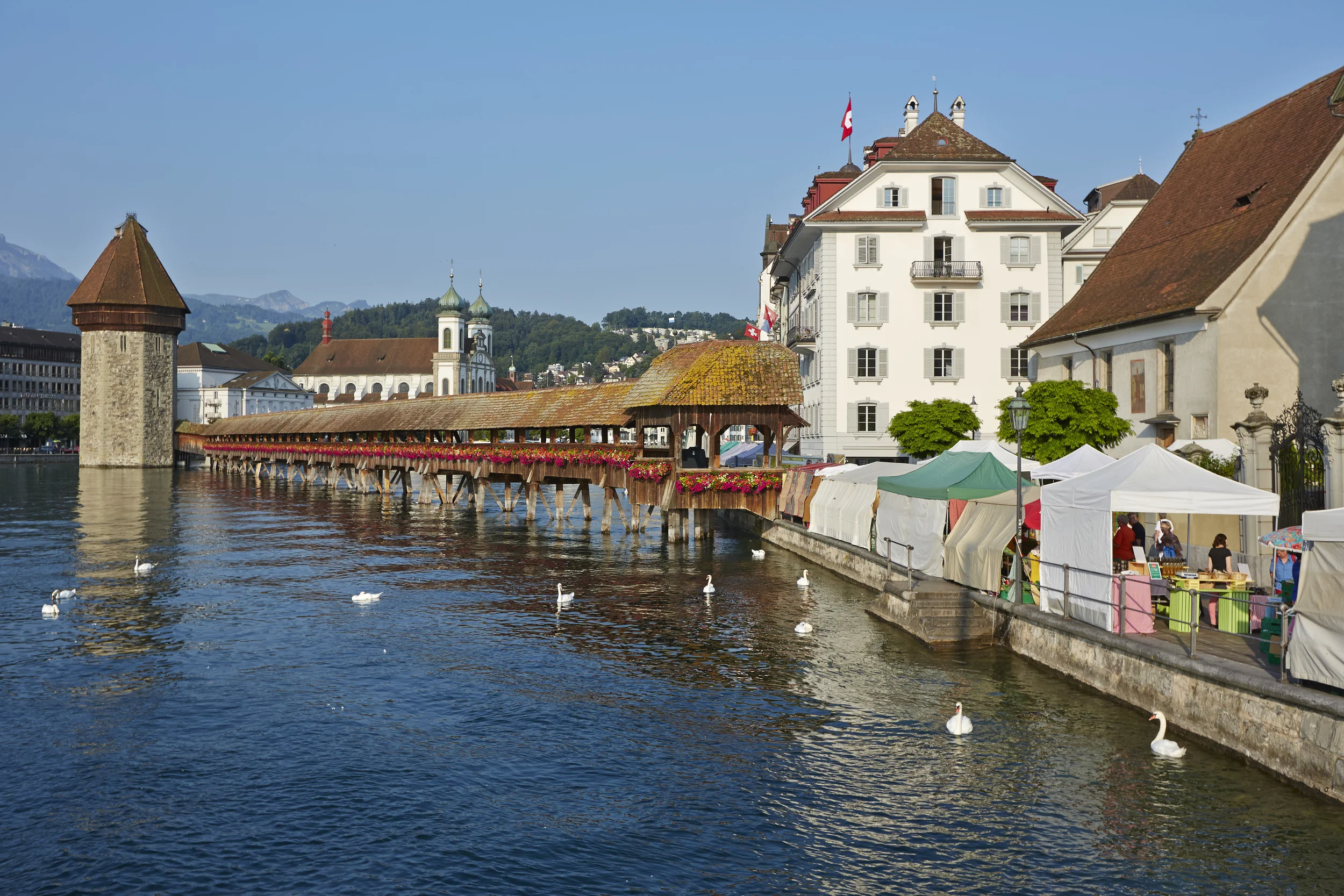 Lucerne market and the Chapel Bridge