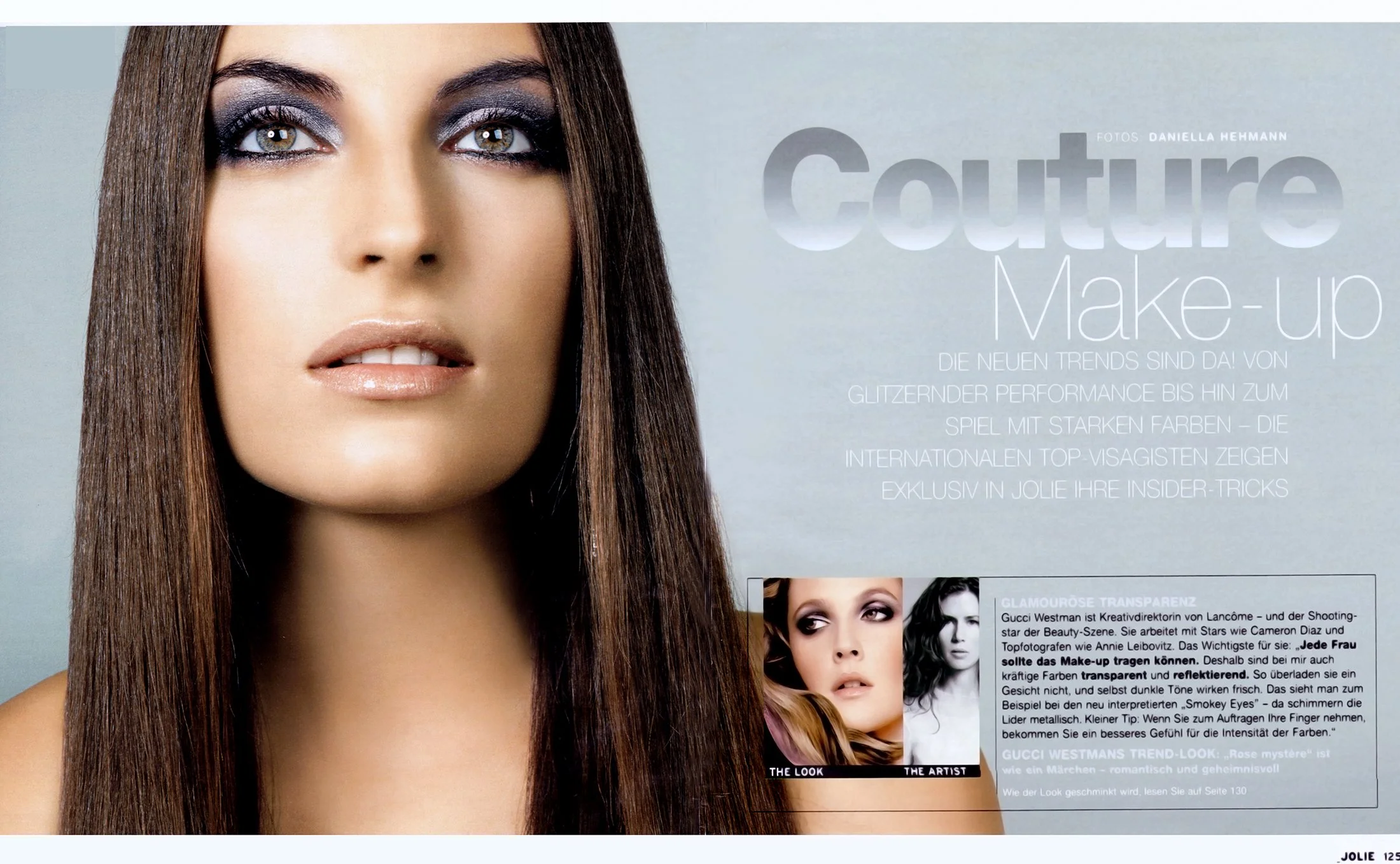 Editorial beauty and hair photography by Daniella Hehmann, featured in a "Couture Makeup" spread. A model with long, sleek brunette hair and dramatic smokey eye makeup poses for a commercial advertising layout. Clean, professional studio lighting cap