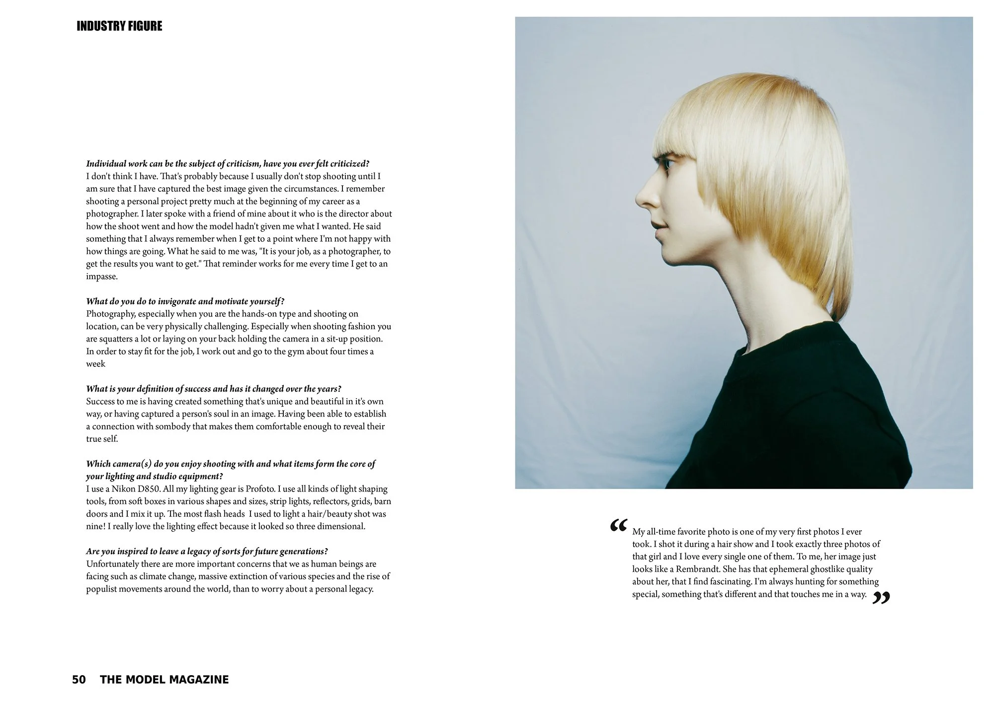 Page from an Interview with photographer Daniella Hehmann. Side profile of a young woman with short blonde hair, wearing a black top, against a plain light background. Featured in her 'Industry Figure' interview with The Model Magazine.