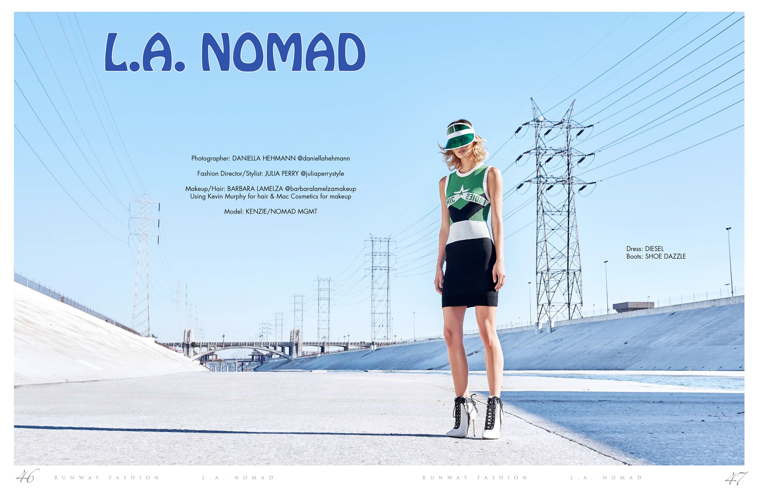 Fashion magazine spread featuring a model in a green, black, and white dress with sunglasses, standing outdoors on a sunny day with power lines and blue sky in the background. The text includes credits for photographer, stylist, makeup artist, model,