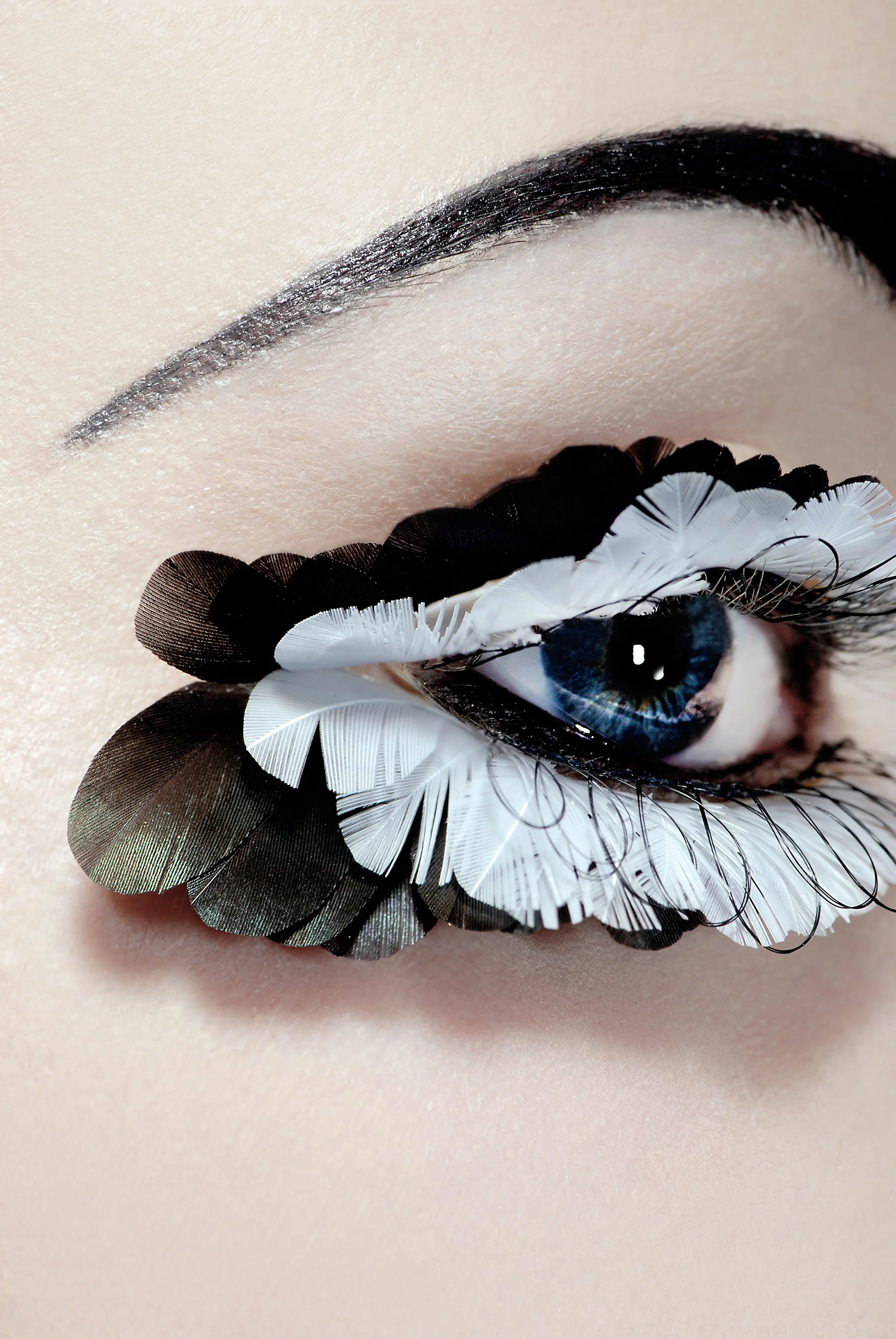 Close-up of a person's eye with artistic makeup and decorative feathers around the eyelid.
