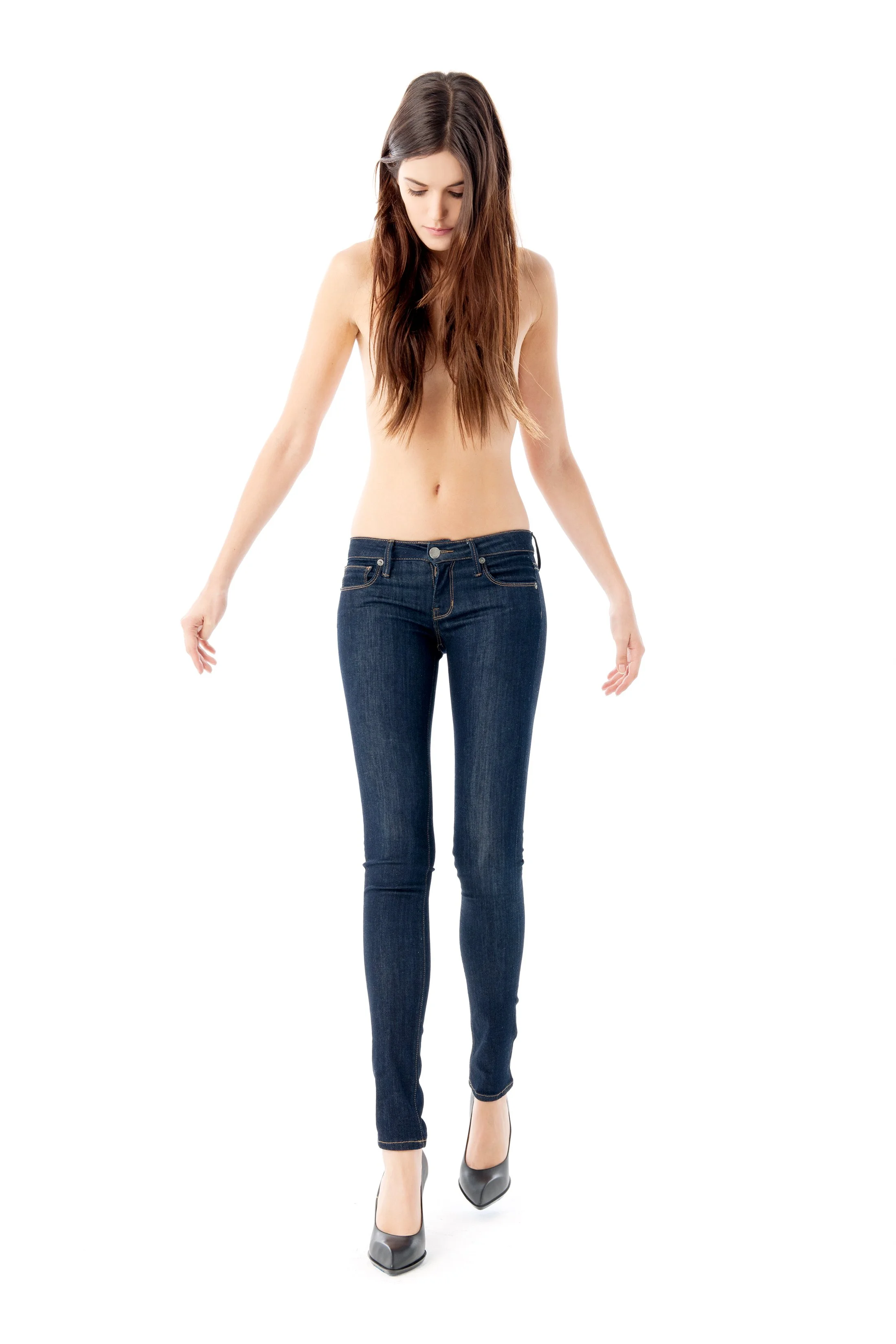 Studio fashion photography by Daniella Hehmann showcasing the deep indigo wash and slim silhouette of Eugene Jeans denim for a Los Angeles lookbook