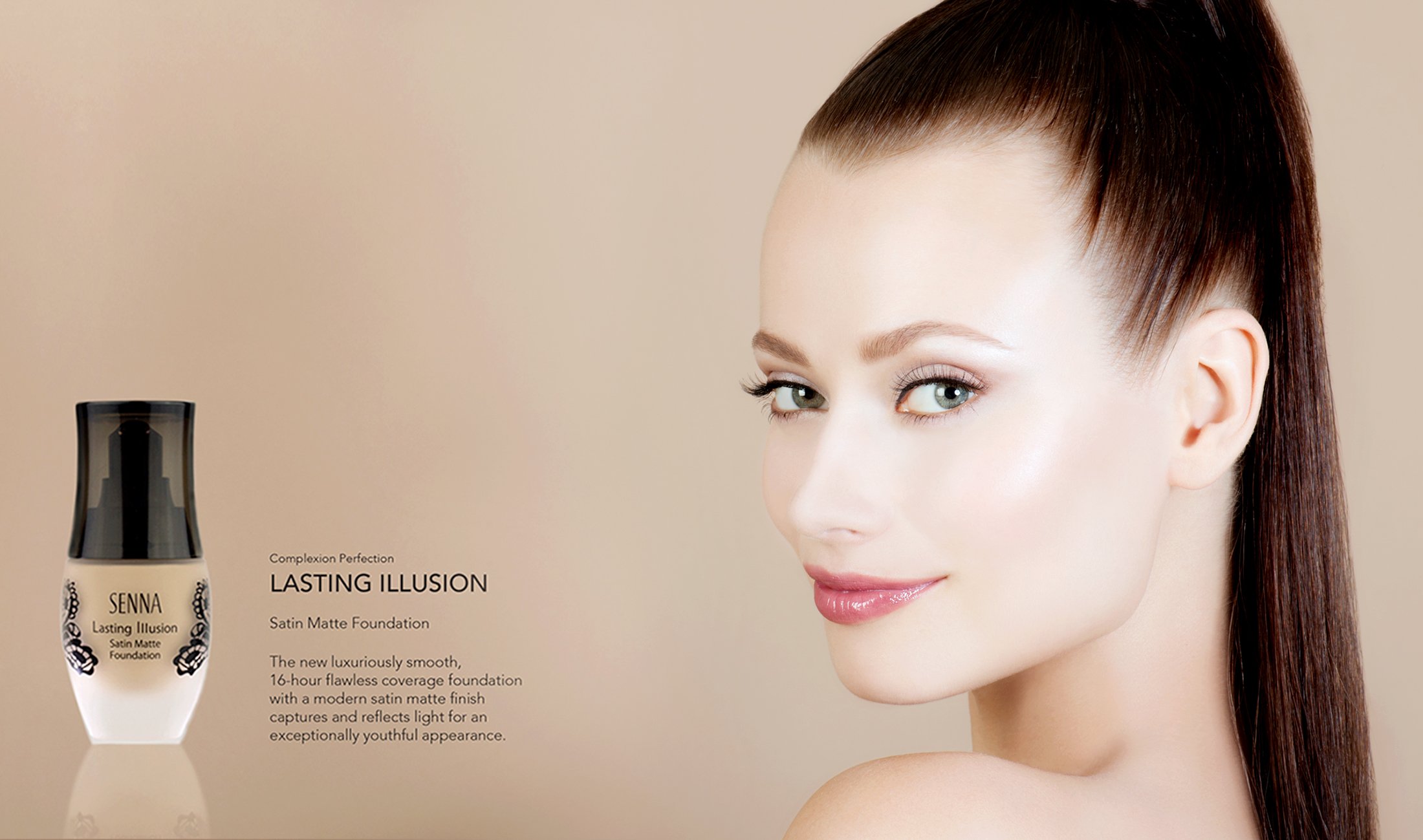 "Lasting Illusion" cosmetic advertising for Senna Cosmetics by Daniella Hehmann. High-end beauty portrait featuring makeup by Eugenia Weston and flawless, airbrushed skin. Shot in Los Angeles with soft, sophisticated beauty lighting. Munich based exp