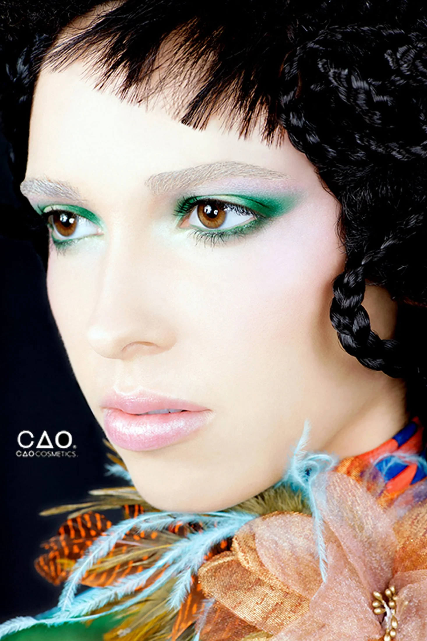 Advertising beauty shot for CAO Cosmetics by Los Angeles beauty photographer Daniella Hehmann. Featuring vibrant L.A. inspired teal eye makeup and a velvet skin finish. Captured with bright, clean commercial studio lighting. Munich and L.A. based.