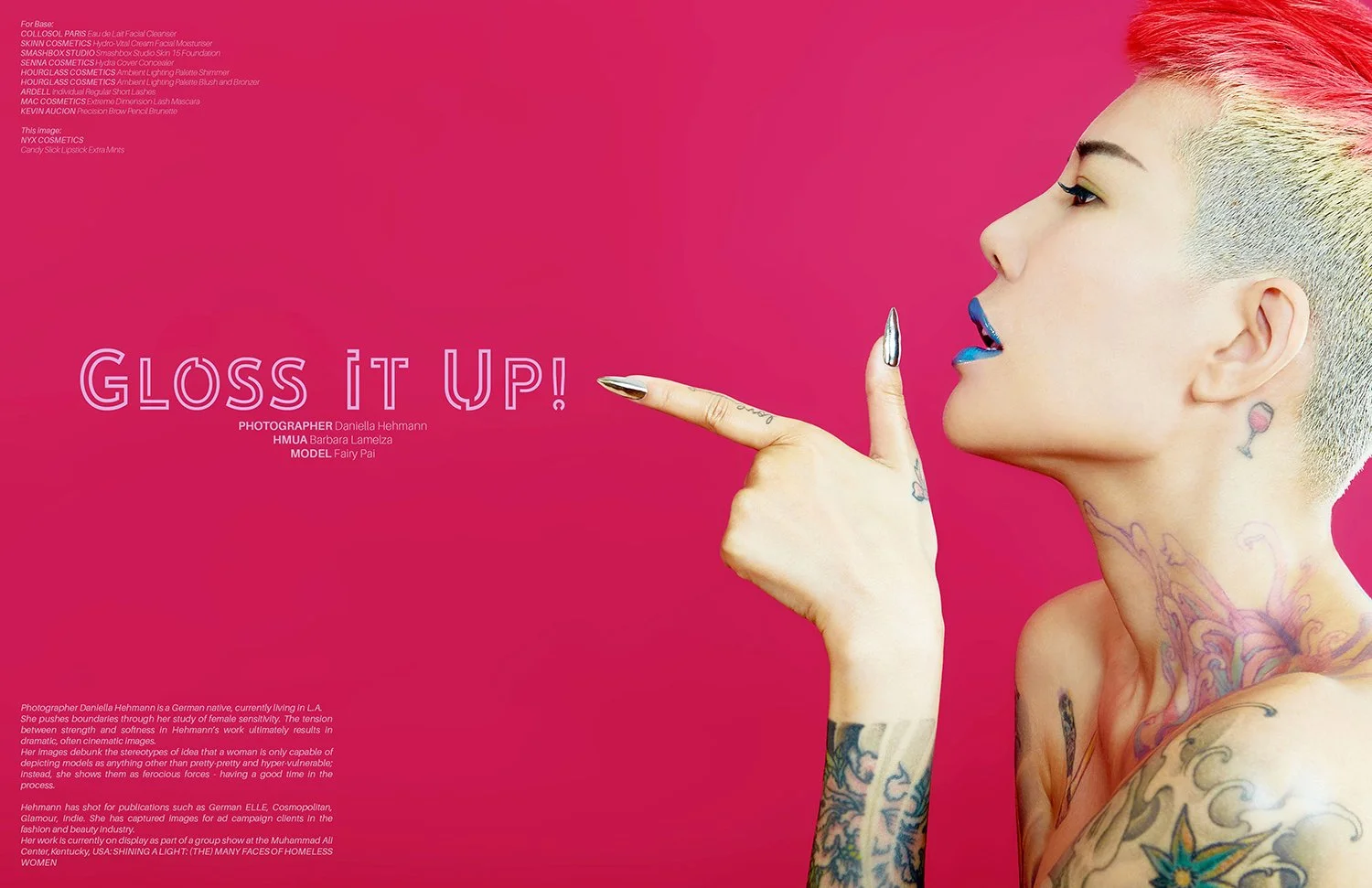 Cinematic beauty profile titled "Gloss It Up!" shot in Los Angeles by Daniella Hehmann. The image features a model with bold blue glossy lips and a velvet skin finish, highlighted by bold, directional studio lighting.