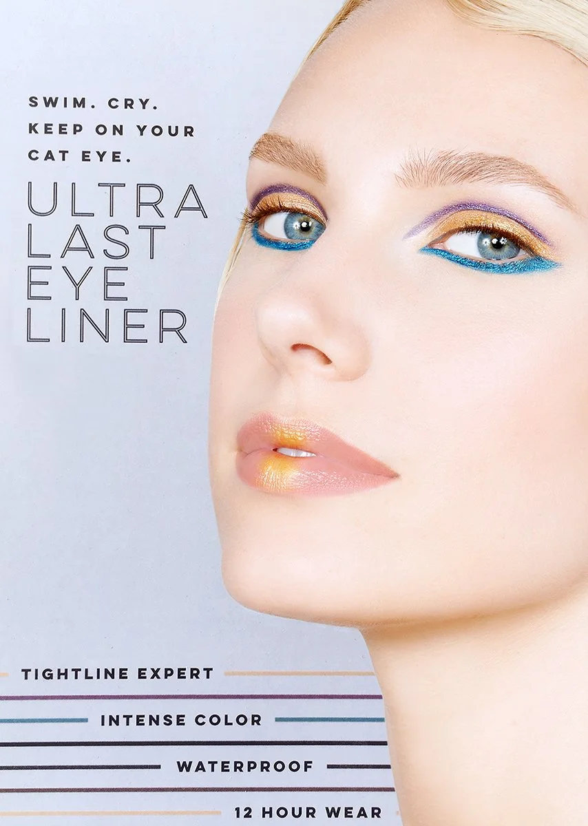 A woman with bold, colorful makeup focusing on eye and lip liner, featuring purple, gold, and blue shades, advertising Ultra Last Eye Liner with claims of being a tightline expert, intense color, waterproof, and 12-hour wear.