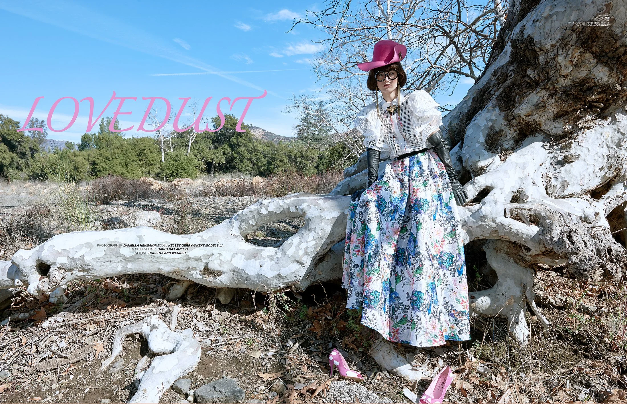 A cinematic fashion shot by photographer Daniella Hehmann in Los Angeles, featuring a model in a pink hat and floral skirt sitting on a massive fallen white tree trunk. The photograph features the text "LOVEDUST" in pink cursive font.