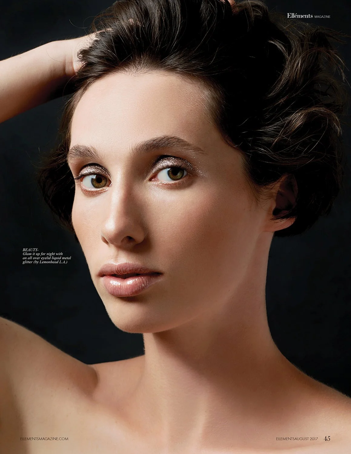 Minimalist beauty portrait by L.A. & Munich based photographer Daniella Hehmann. Skin is captured with a fresh, dewy texture, presented in painting-like studio lighting with soft, artistic shadows.