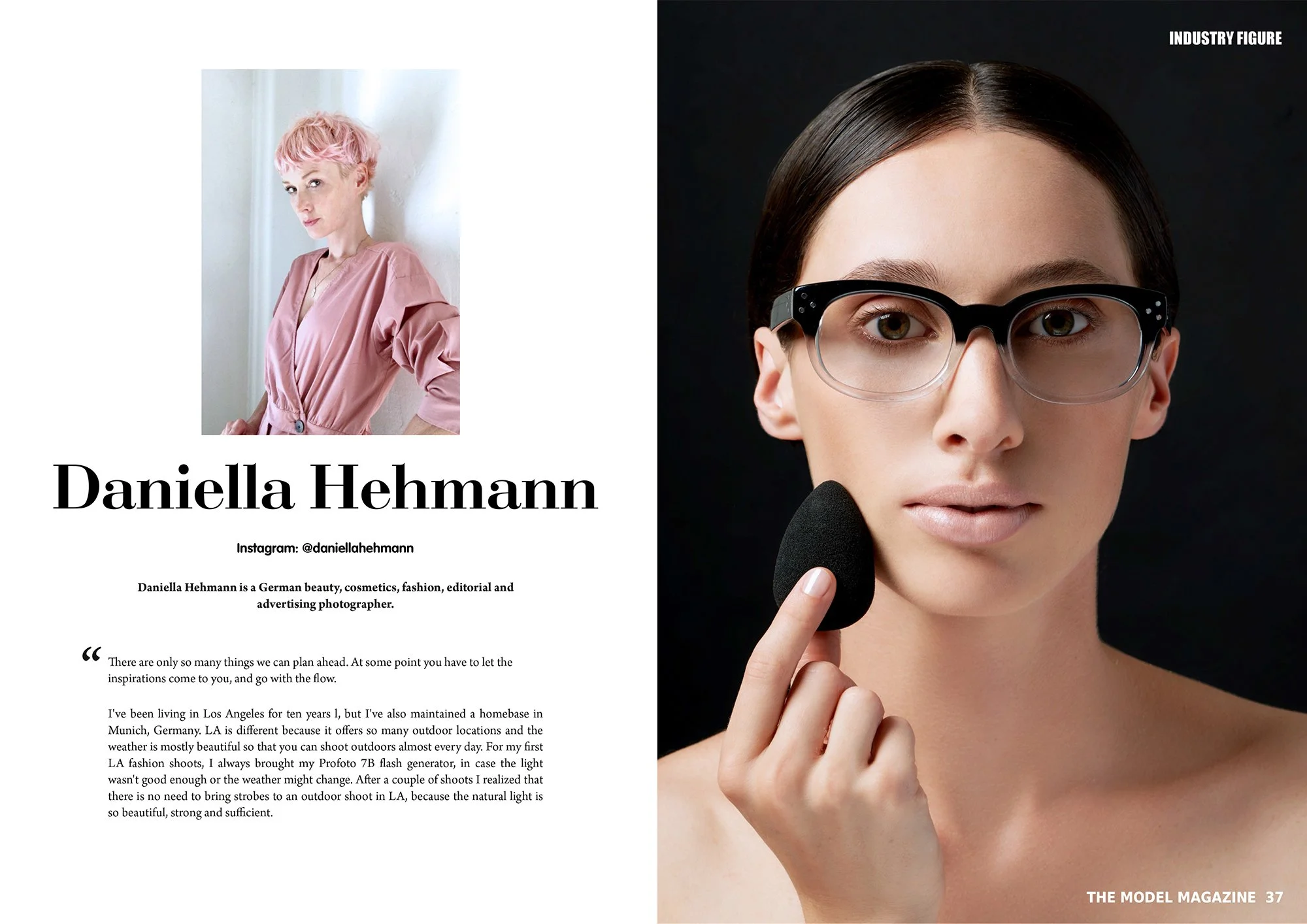 Left Page Professional portrait of photographer Daniella Hehmann (M.A.) with pink hair, featured in her 'Industry Figure' interview with The Model Magazine. Right page Editorial beauty photography featuring a model with clear-framed eyewear.