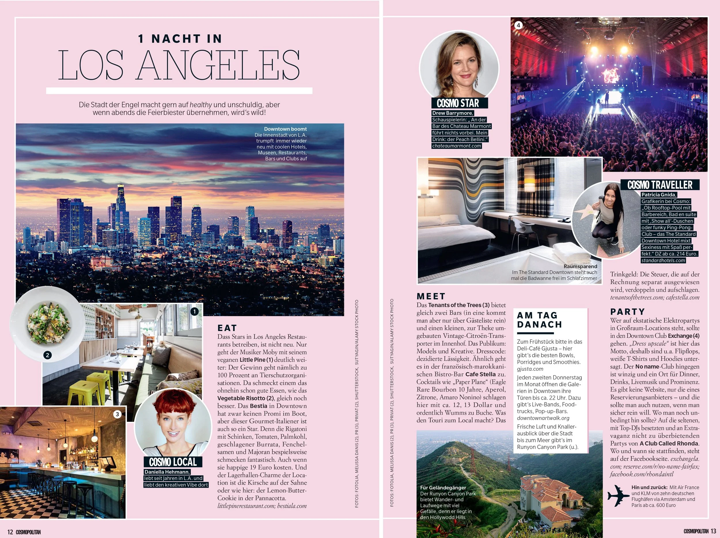 Editorial feature in Cosmopolitan Magazine: Daniella Hehmann (M.A.) as 'Local Hero' providing Los Angeles insider tips, appearing alongside Hollywood actress Drew Barrymore