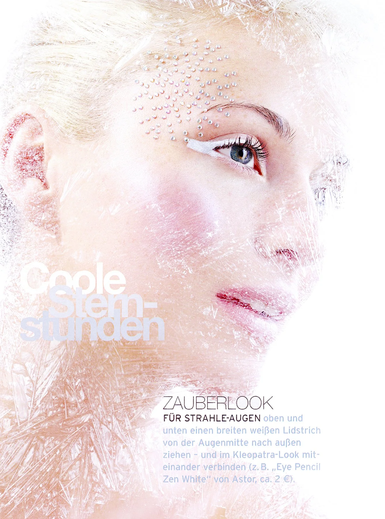 Editorial beauty shot by Daniella Hehmann, featured in Jolie Magazine. This "Frosted" winter beauty look shows a model with shimmering, ice-like particles on the skin and soft pink highlights. Professional studio lighting captures the delicate textur