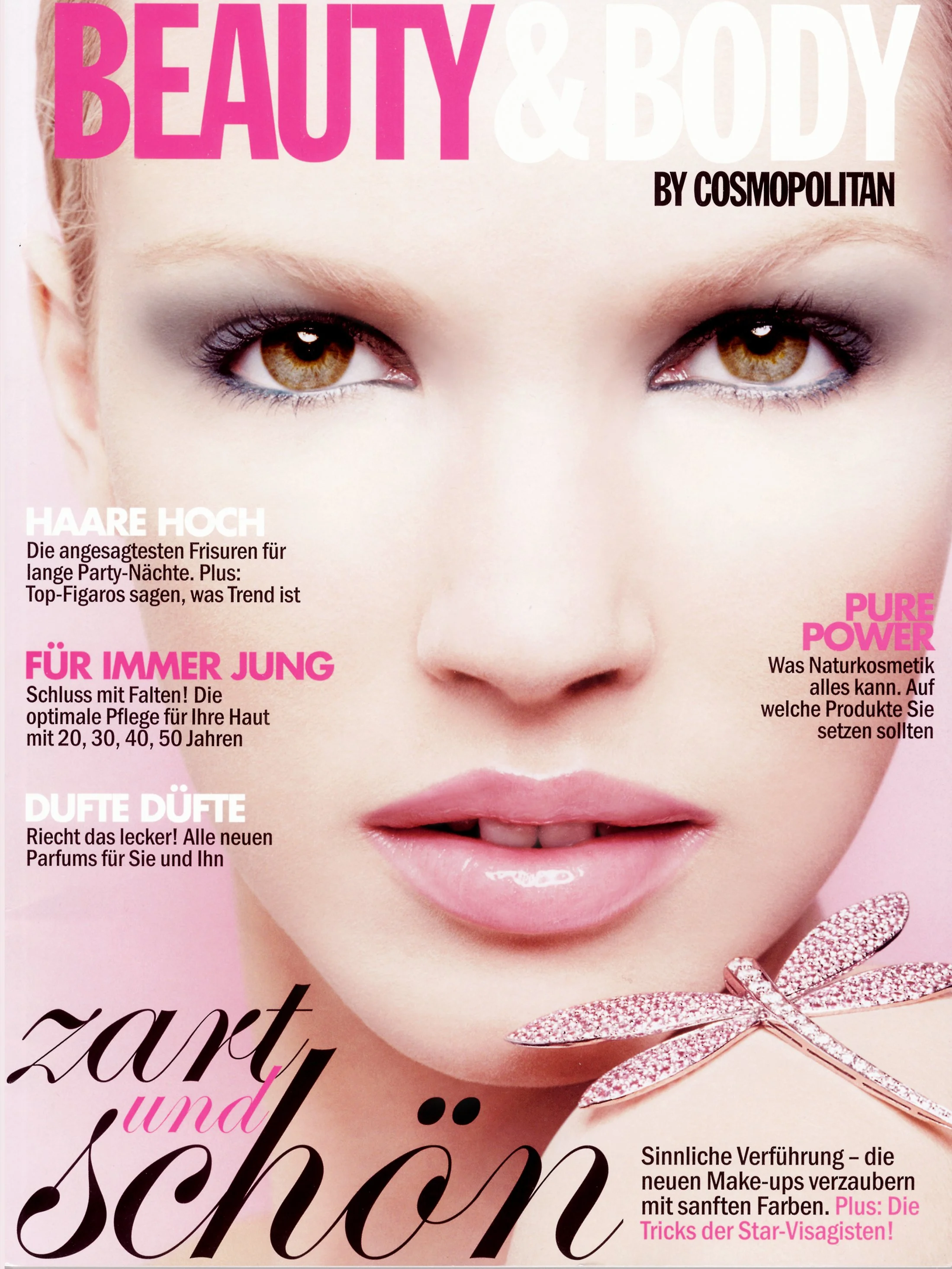 Close-up of a woman's face with makeup, with headlines about beauty, hair, perfumes, and natural cosmetics, and a pink rhinestone bow at the bottom right.