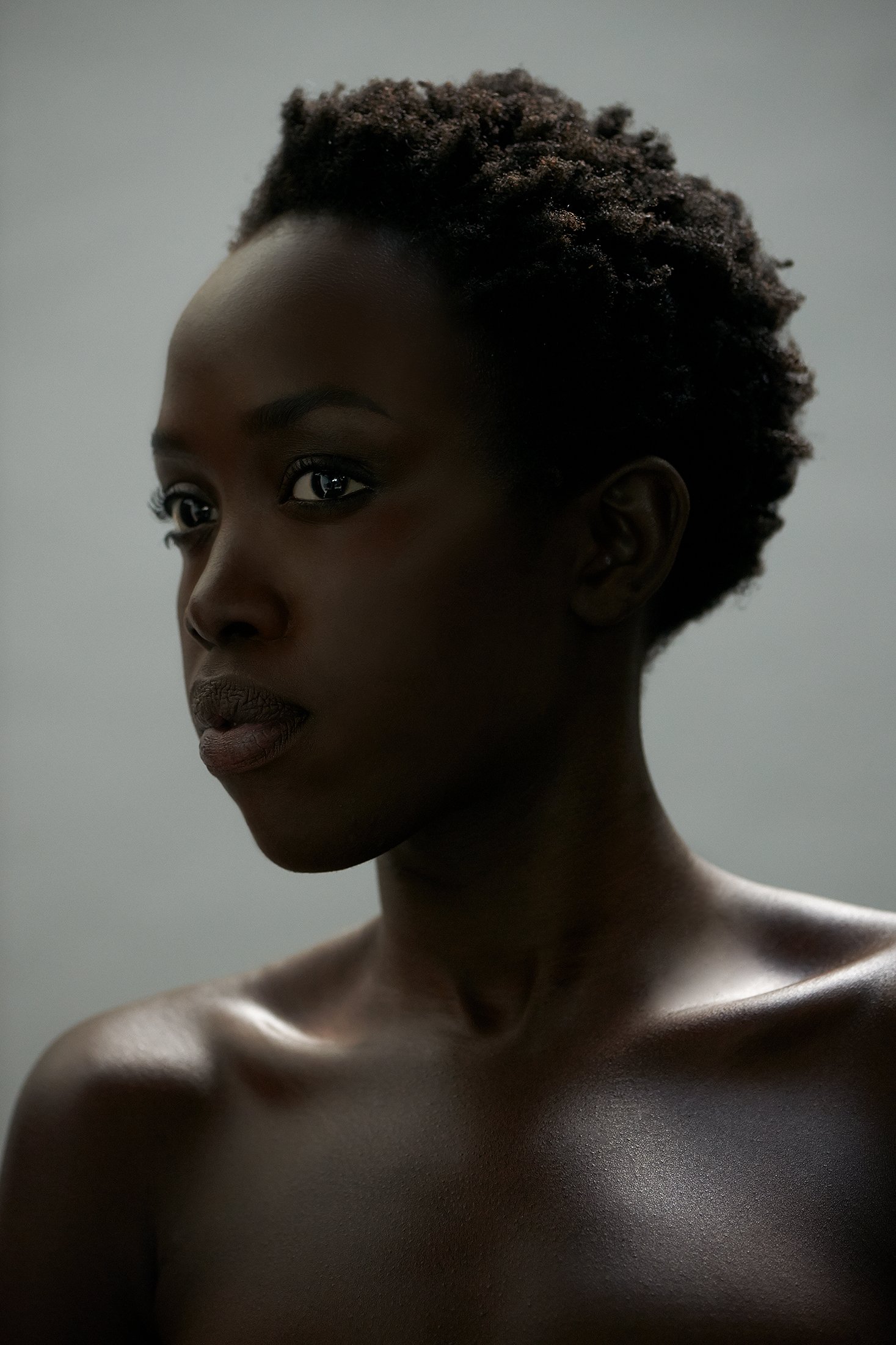 Dramatic beauty editorial by expert photographer Daniella Hehmann, featuring a model with deep, rich, and velvety skin texture. The composition uses low-key, daylight studio lighting to highlight bone structure. Munich and L.A. based.