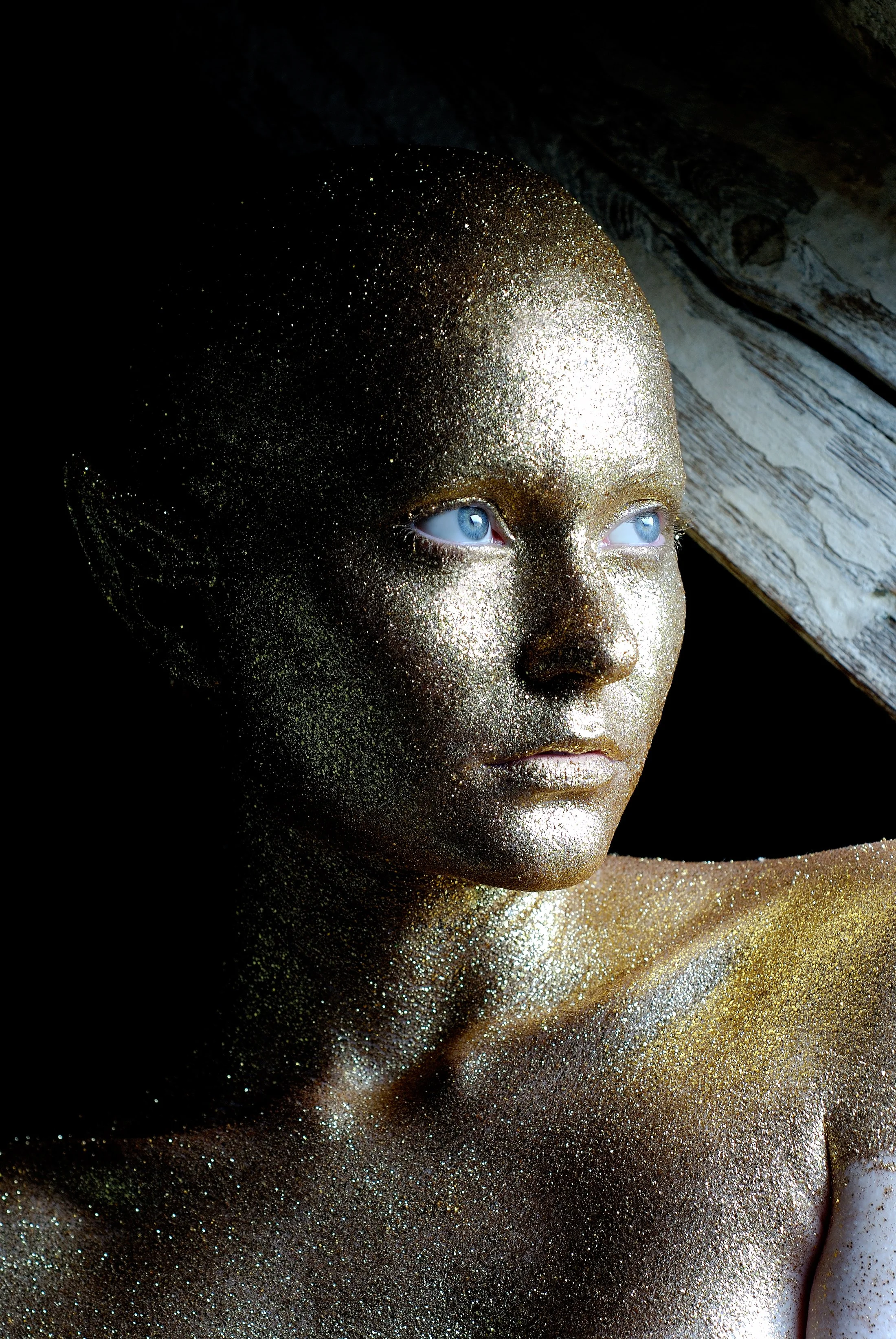 Person with blue eyes and elf-like ears covered in gold glitter, looking off to the side, with a wooden beam in the background.