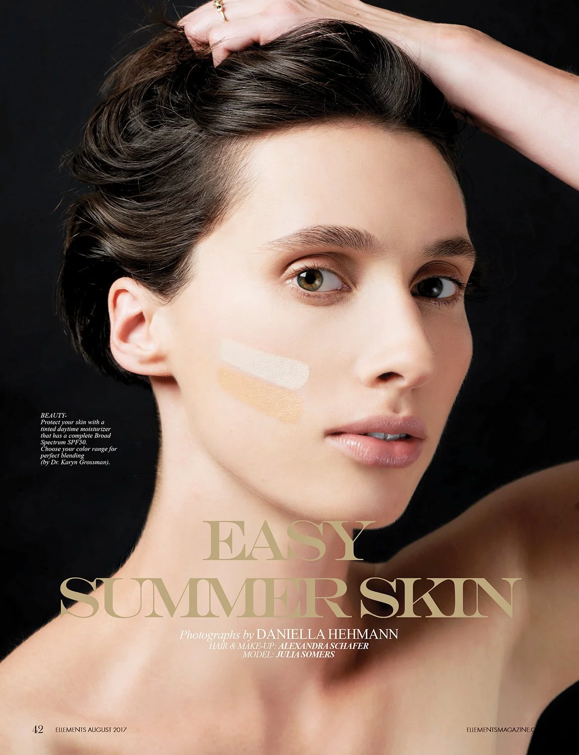 "Easy Summer Skin" editorial photography by beauty photographer Daniella Hehmann. Shot in Los Angeles, the image highlights natural, sun-drenched, and luminous skin texture with makeup swatches under warm, soft daylight-simulated studio light.