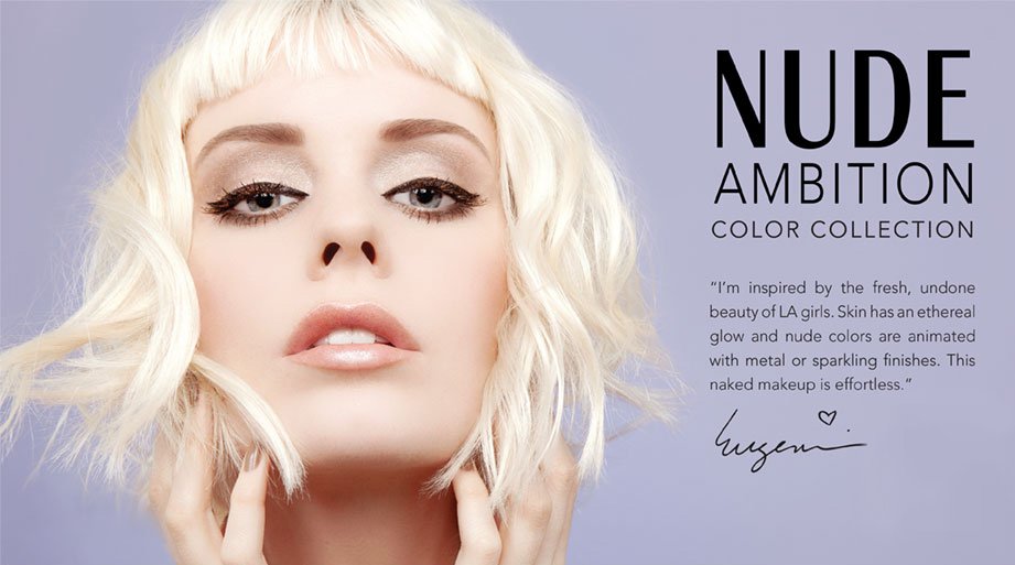 Close-up of a woman with platinum blonde hair and light makeup, promoting the Nude Ambition Color Collection with text about inspired, ethereal, and glowing nude makeup.