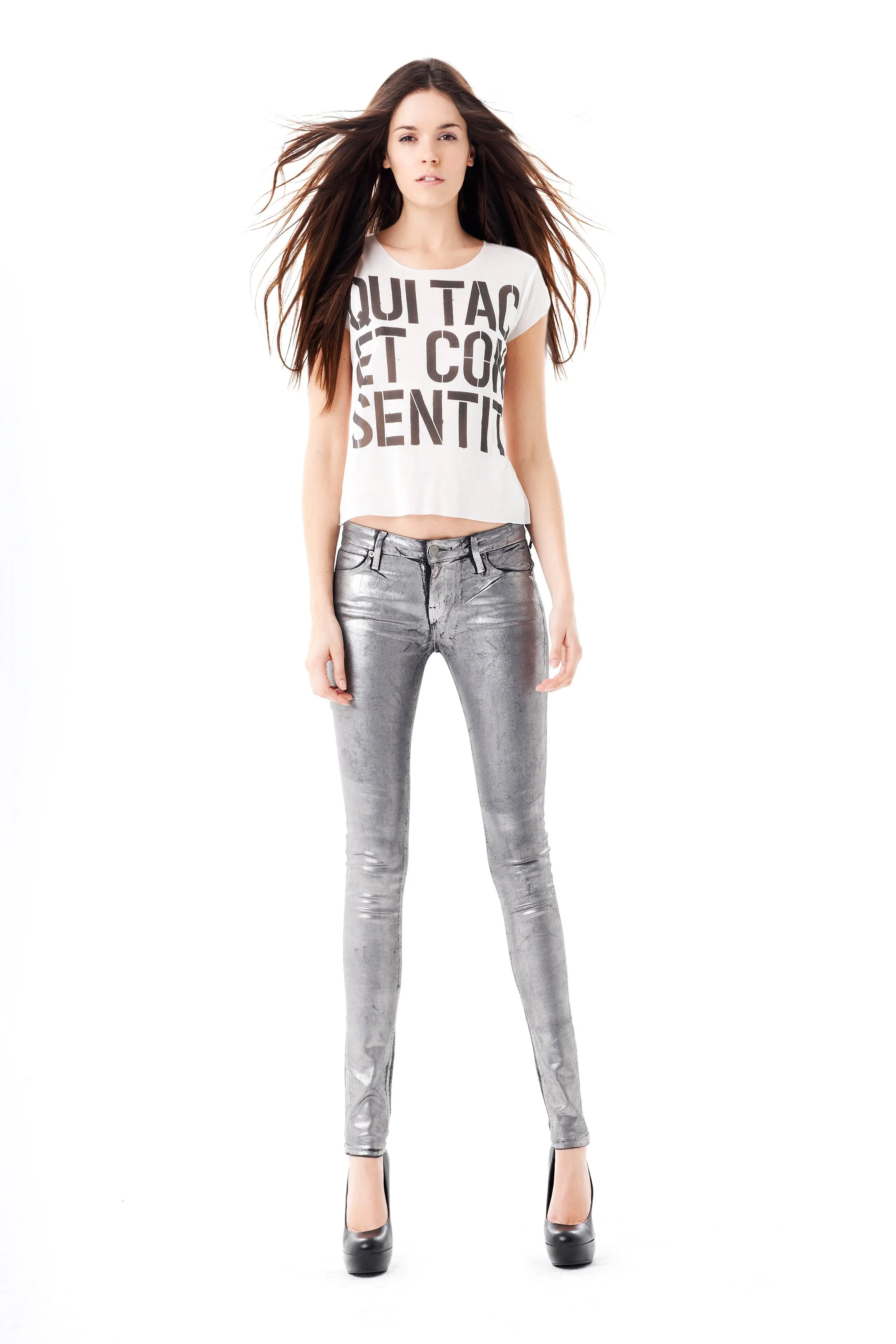 Luxury fashion editorial shot by Daniella Hehmann M.A., featuring metallic silver denim jeans for a bold commercial campaign.