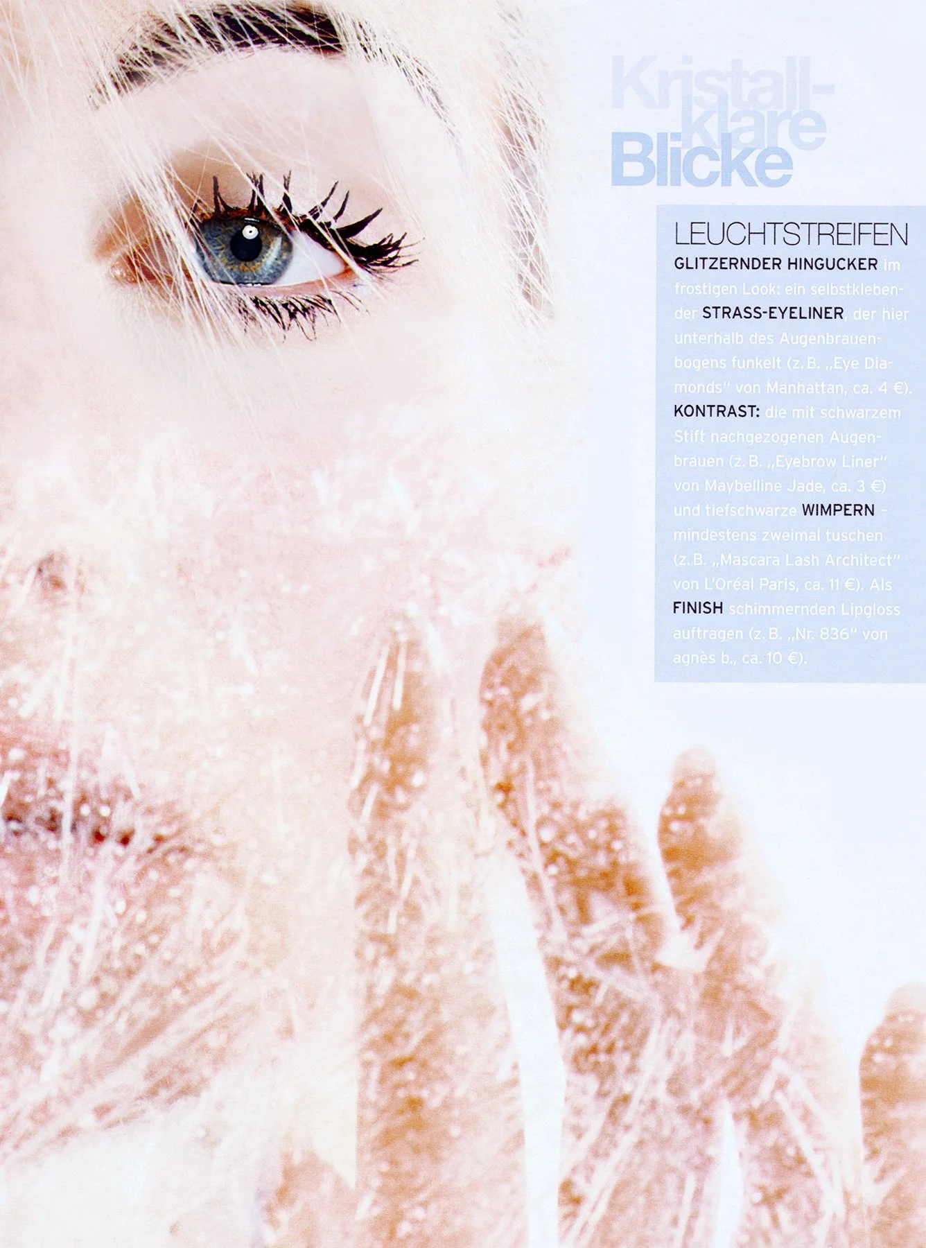 Close-up of a woman's eye with dramatic makeup, including glittery eye shadow, thick black eyeliner, and long dark eyelashes, with text in German describing makeup techniques.