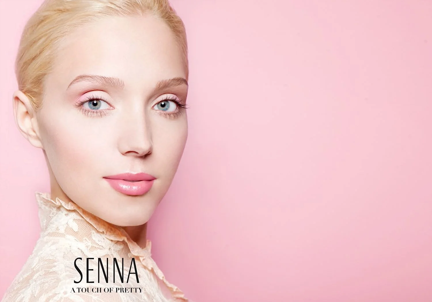 Elegant beauty advertising campaign for Senna Cosmetics photographed by Daniella Hehmann. Blonde model with delicate pastel makeup by Eugenia Weston and healthy, glowing skin. Soft, ethereal pink lighting for professional commercial photography. L.A.
