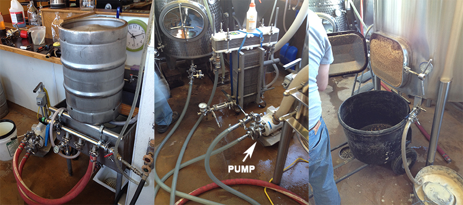 Left - keg washing set up, Center - hot liquids being transferred by the hardest working piece of equipment in the brewery, Right - hella spent grain, about to be shoveled