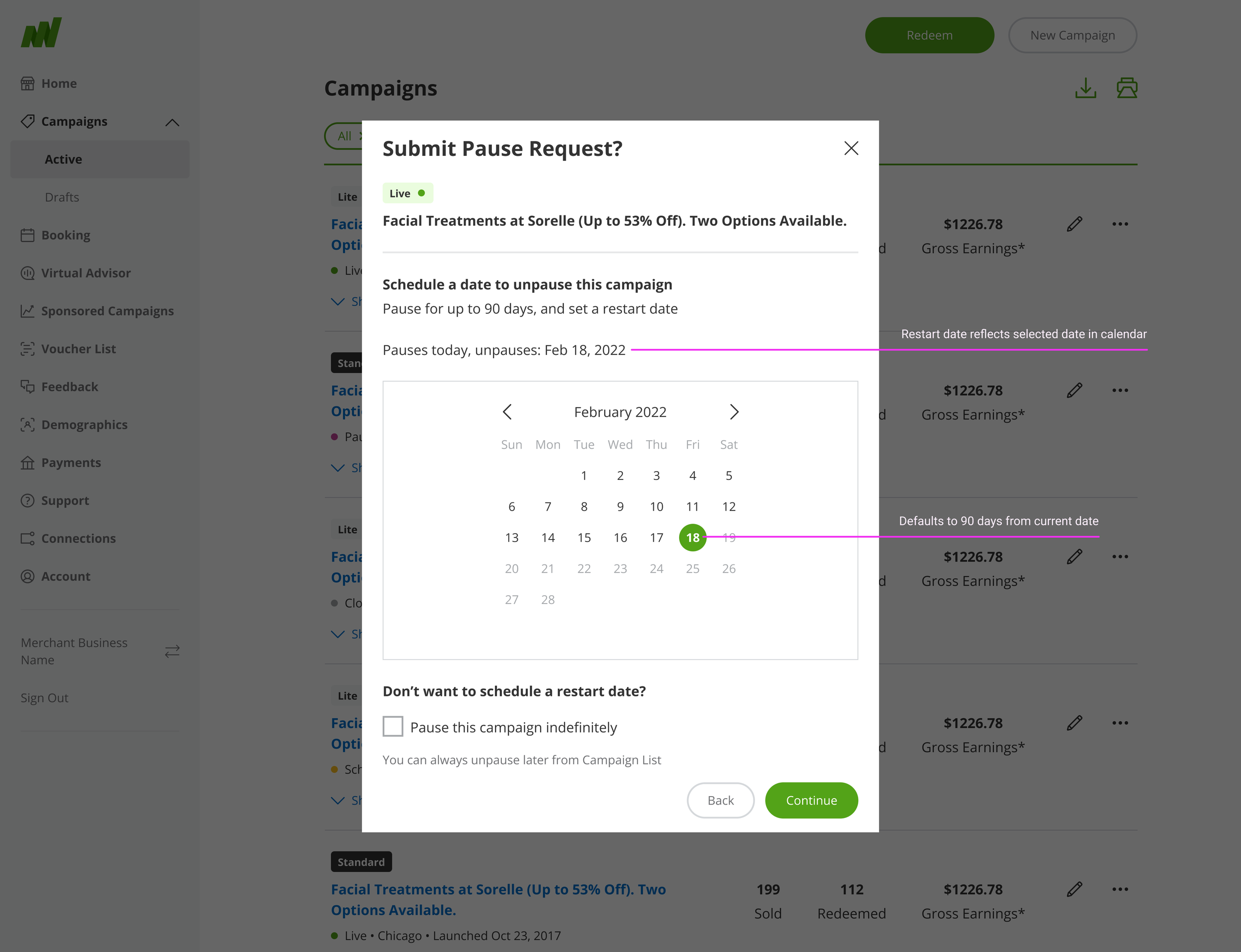 Checkbox selection for indefinite pause