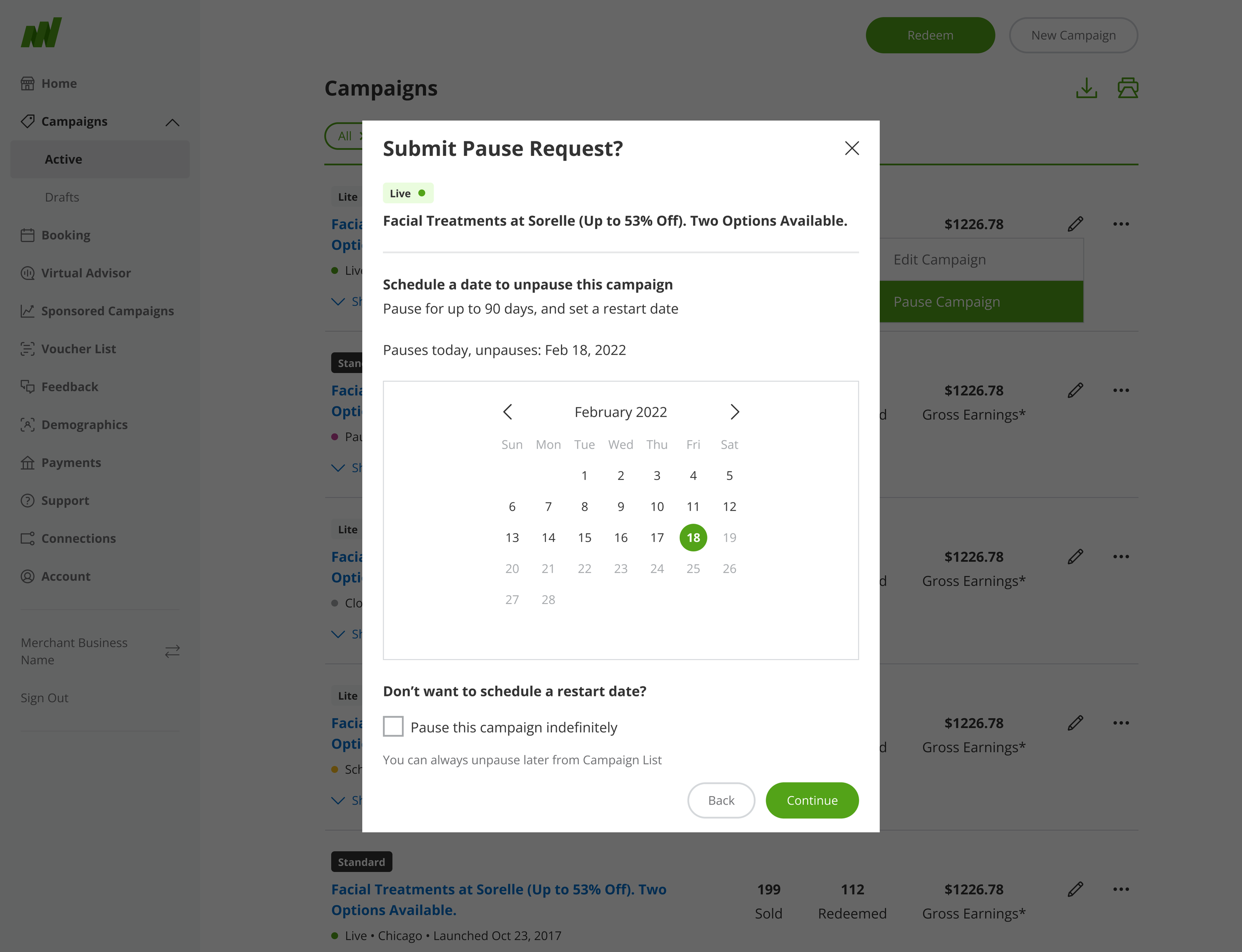 Submit pause request modal