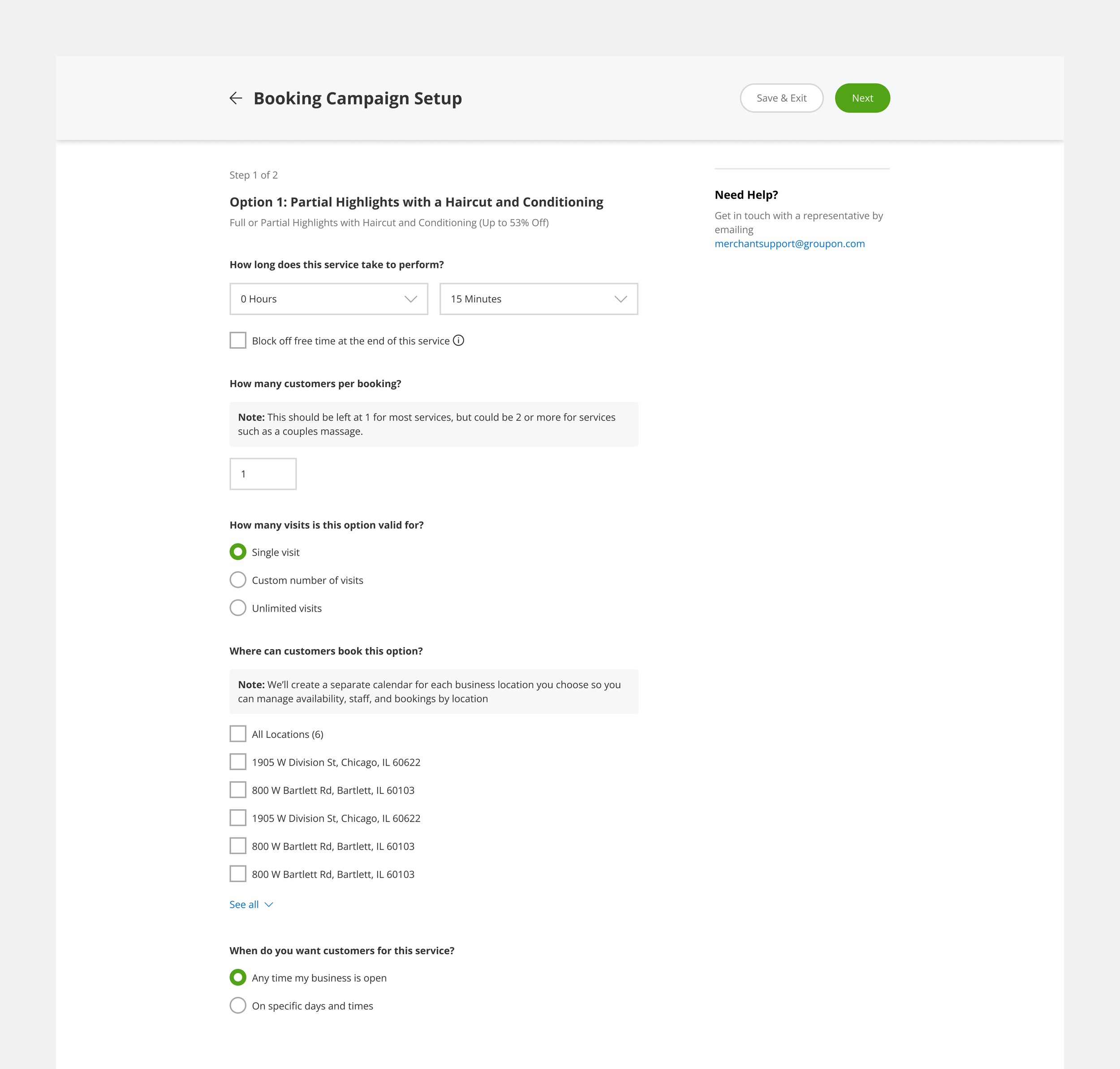 Deal option setup screen