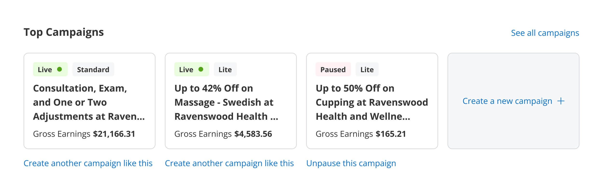 Campaigns card exploration, without images