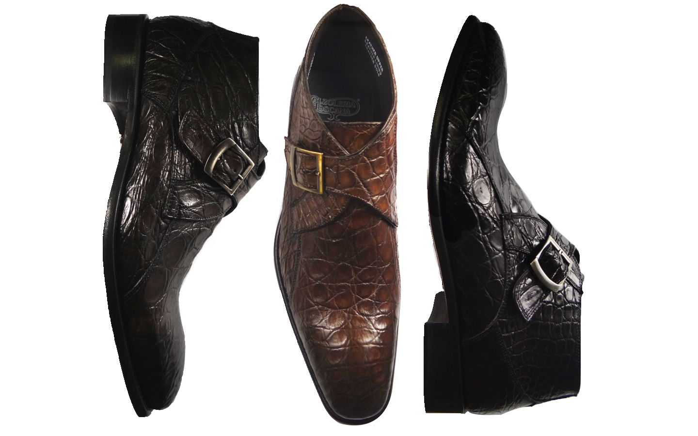 Style # 8306: Stone, Cerris, Black Caiman Flanks Handpainted Monk Strap Demi Boot Sizes available: 41 to 47 EU, including half sizes