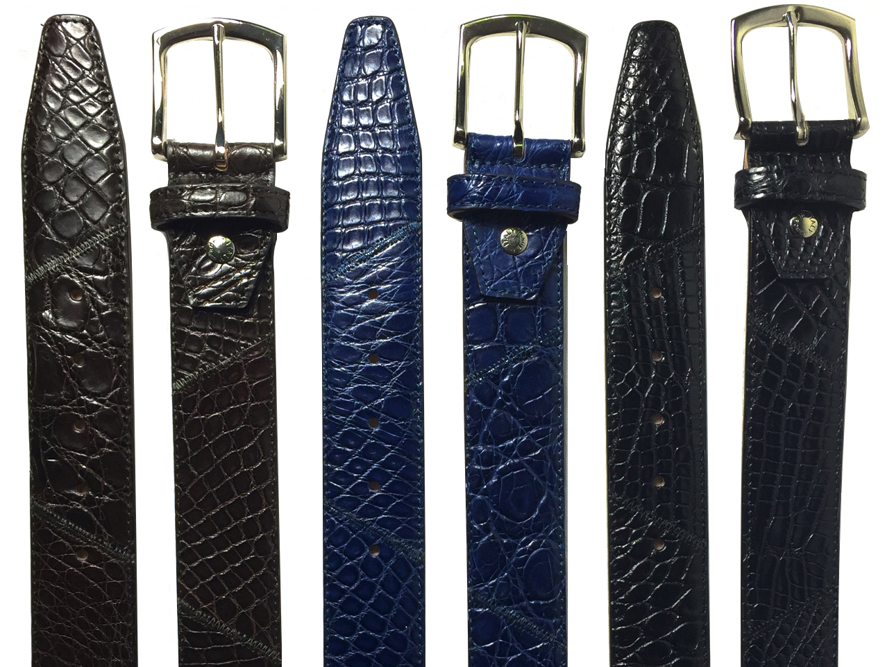 Style # C5741: Chocolate, Blue, Black Baby Crocodile Patchwork 40MM Belts