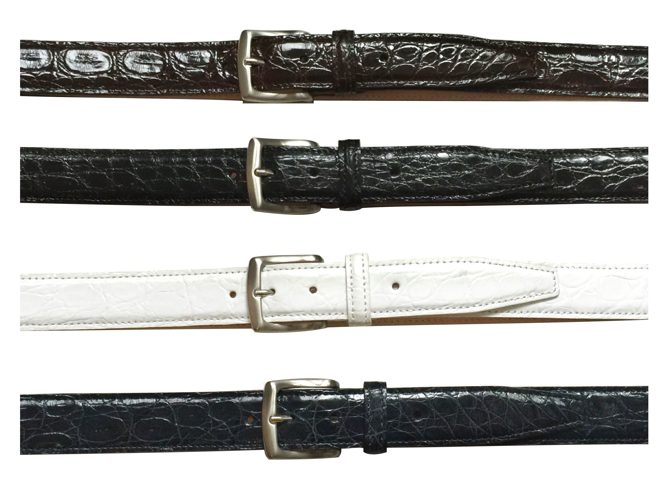 Style # C8741: Brown, Black, White, Navy Caiman Flanks 35MM Belt Sizes available: 38 to 46 waist