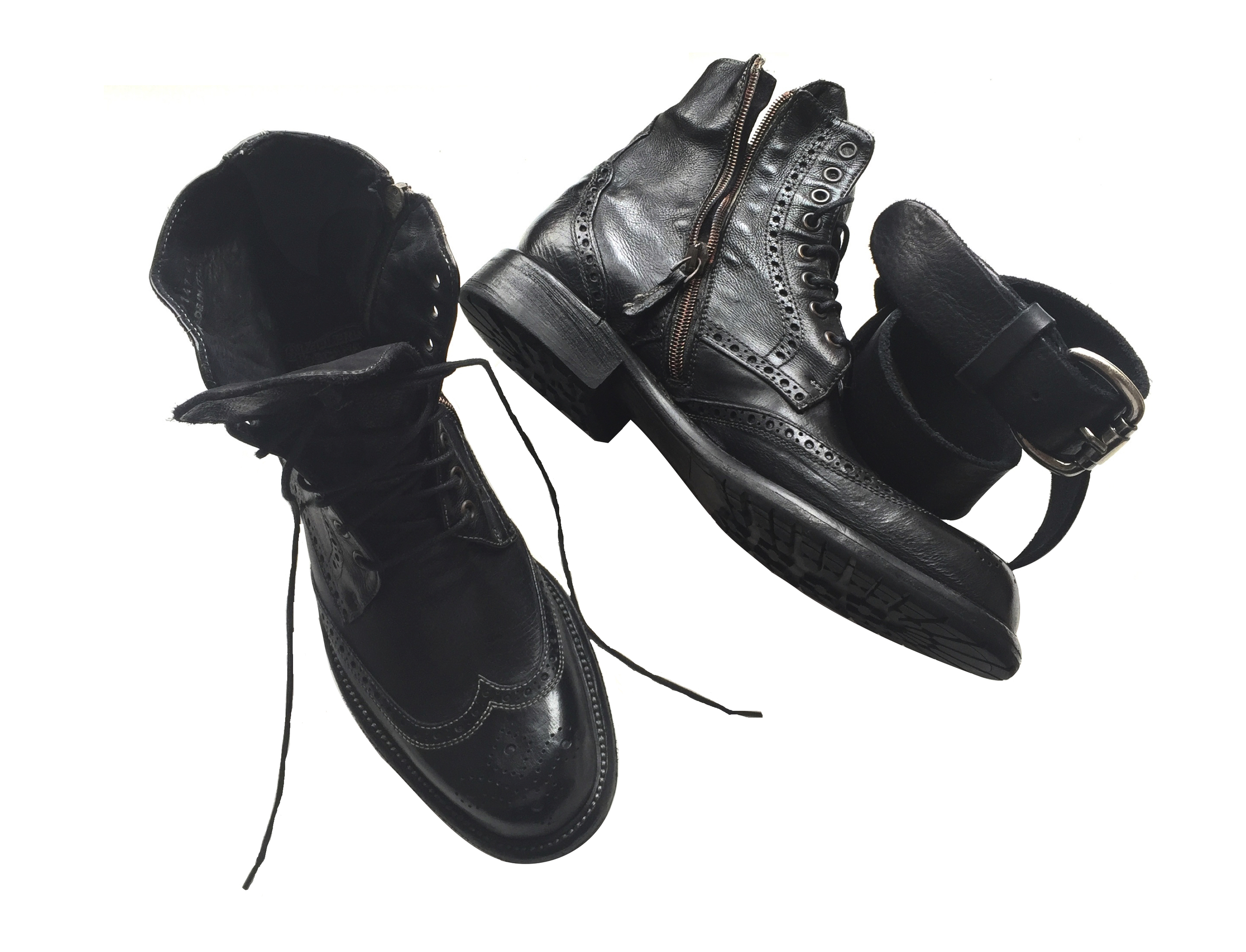 Style # 9147: Black Dip-Dyed Buffcalf Wingtip Rugged Boot with Half-Goma Bottom and Inside Zipper Sizes available: 8 to 14, including half sizes