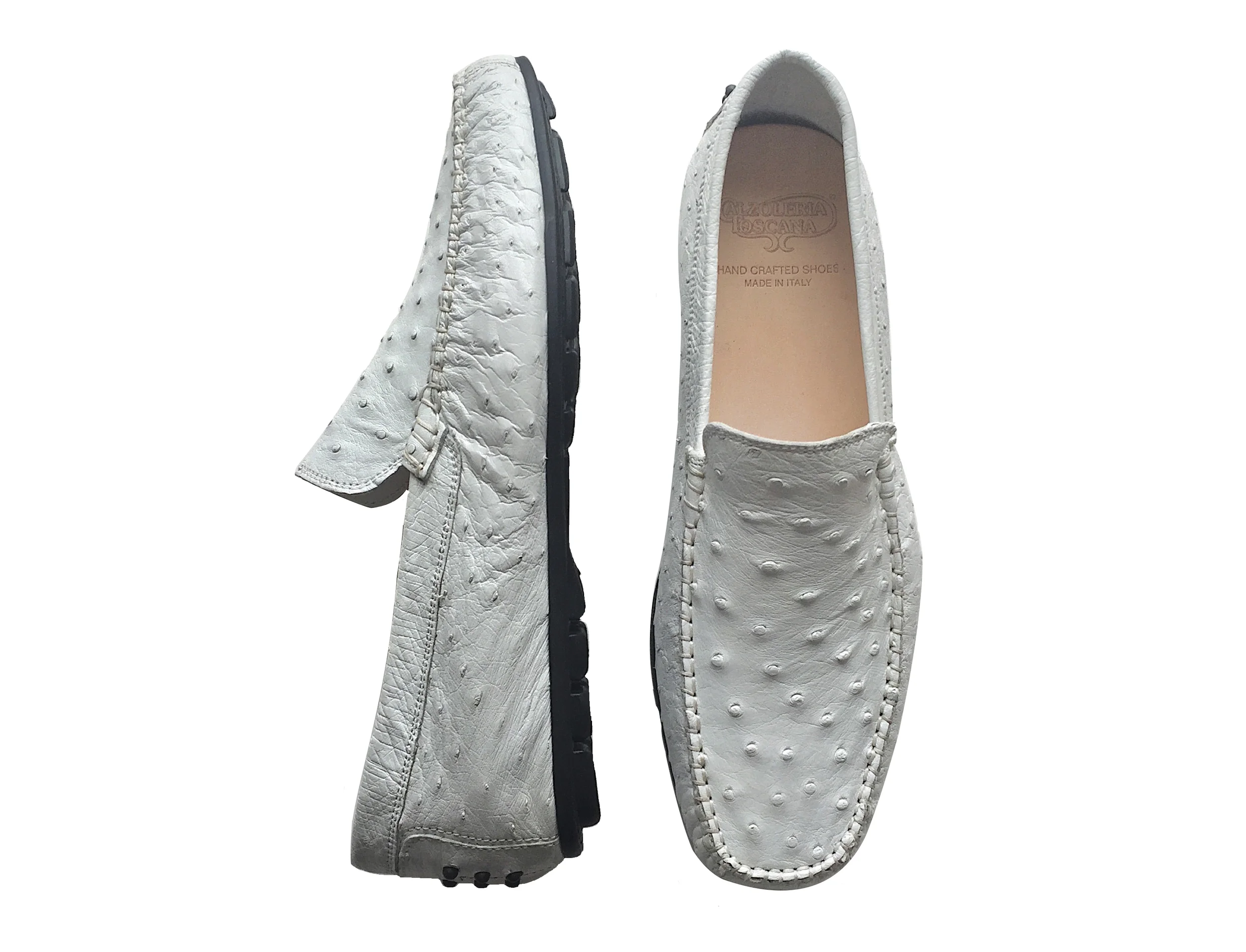 Style # 2408: White Dip-Dyed Ostrich Slip On Sizes available: 8 to 14 US, including half sizes