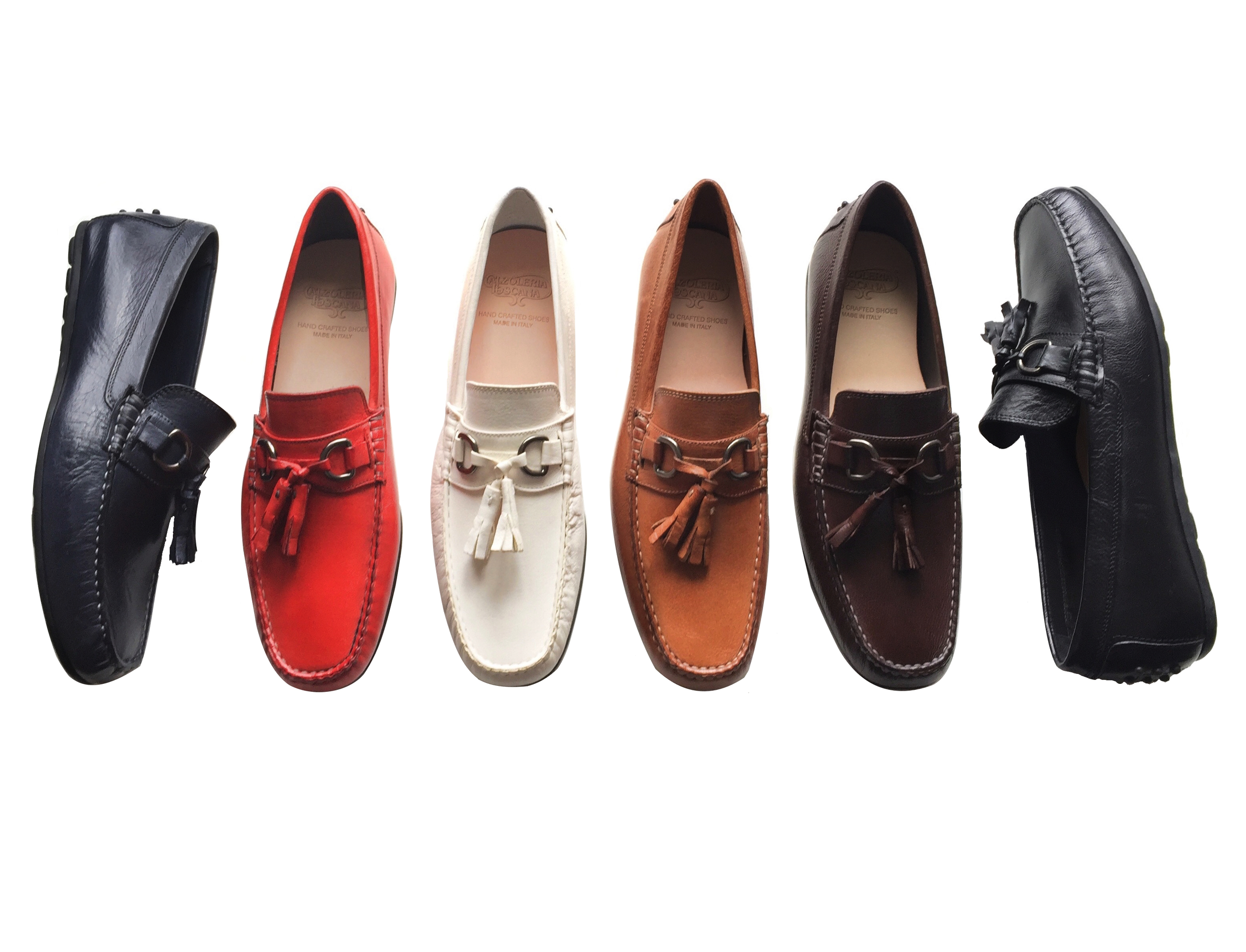 Style # 2907: Blue, Red, White, Brick, Brown, Black Buffcalf Tassel Slip on feat. rubber bottom Sizes available: 41 to 47 EU, full sizes only