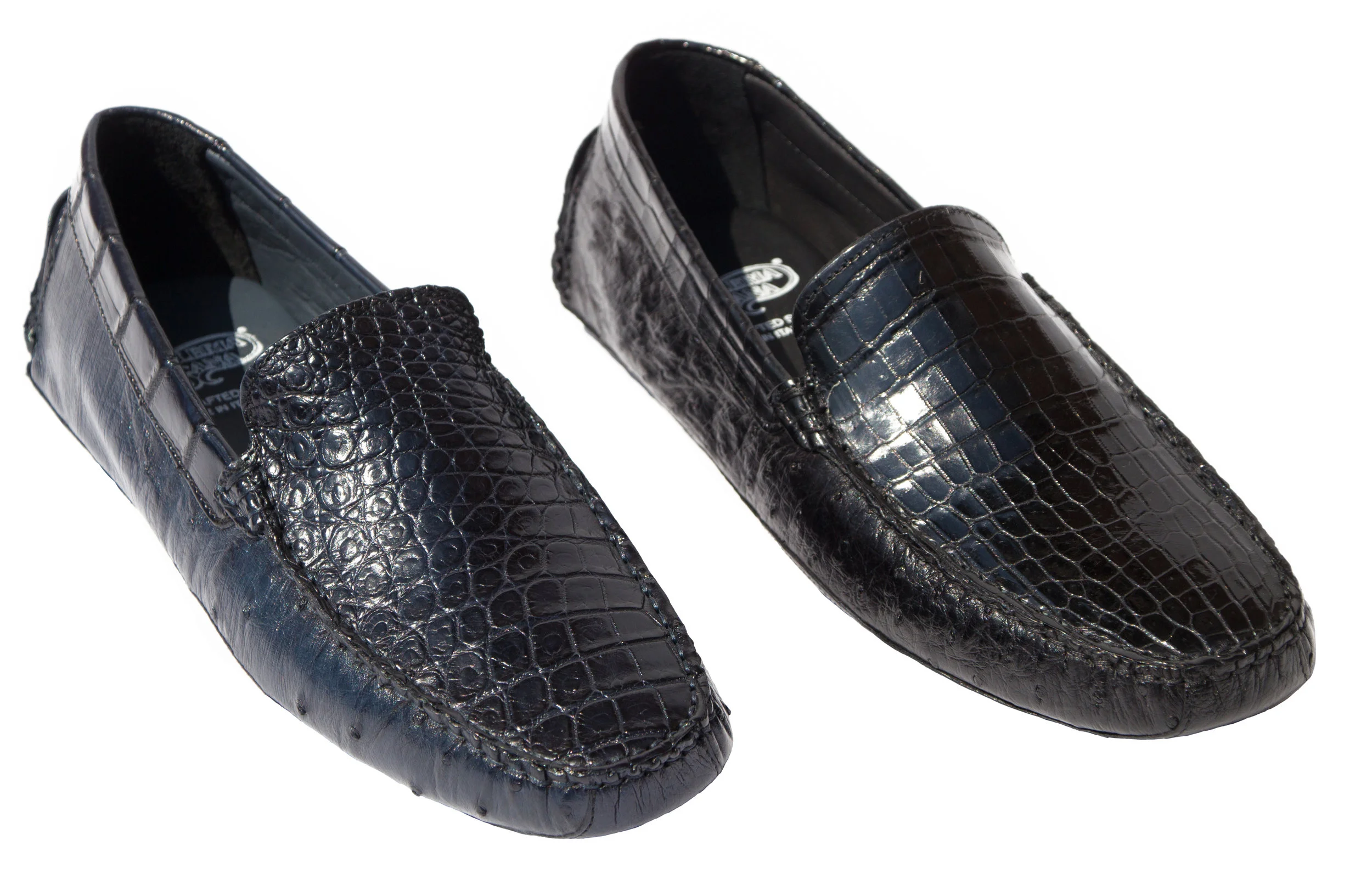 Style # 8675: Navy, Black, Ostrich Quill /Baby Nile Crocodile Driver Sizes available: 9 to 14 US, including half sizes