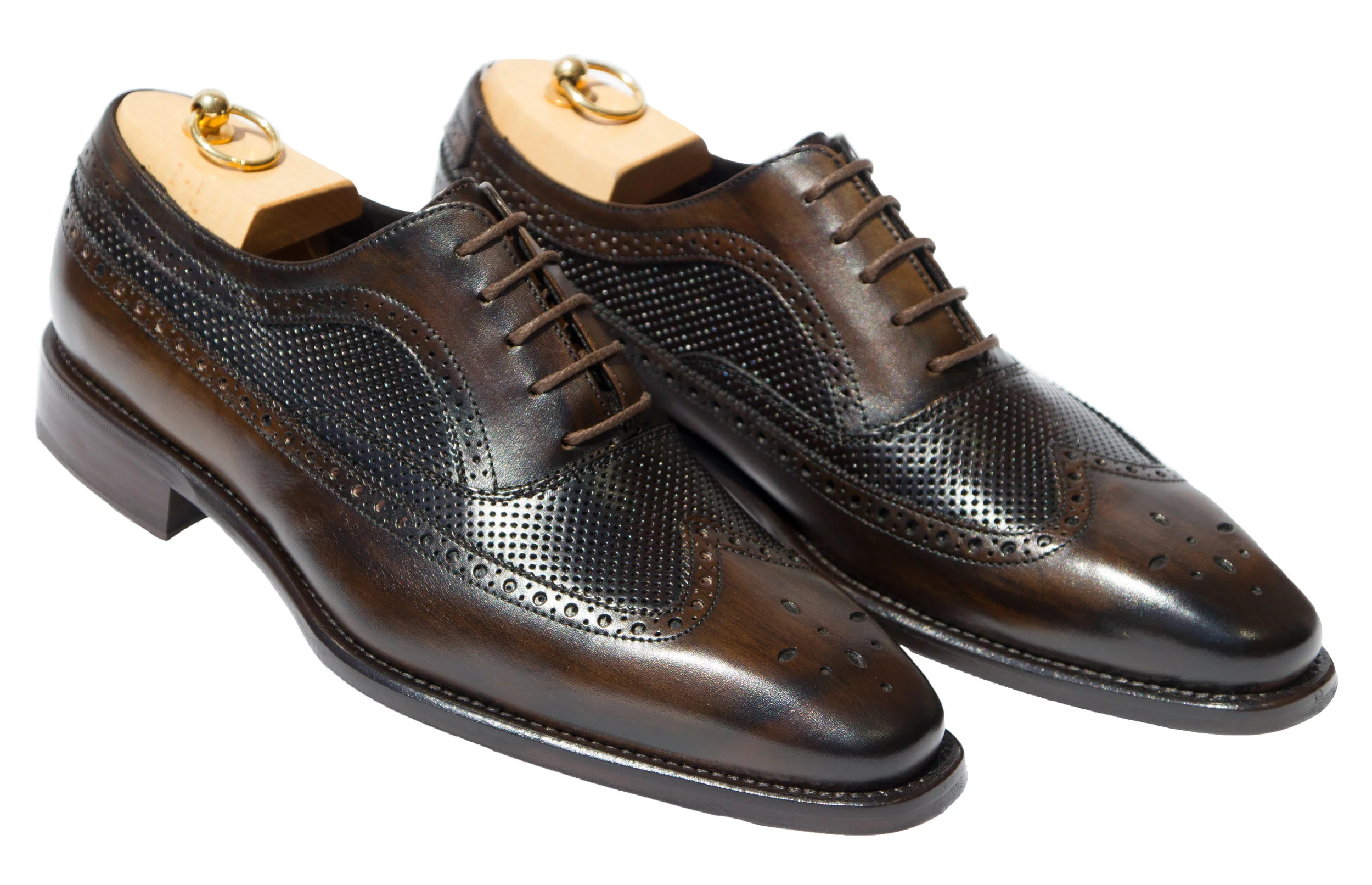 Style # H165: Dark Brown Handpainted Cayenne Calf Wingtip Balmoral Sizes available: 7 to 14 US, including half sizes; 15 to 18, full sizes only