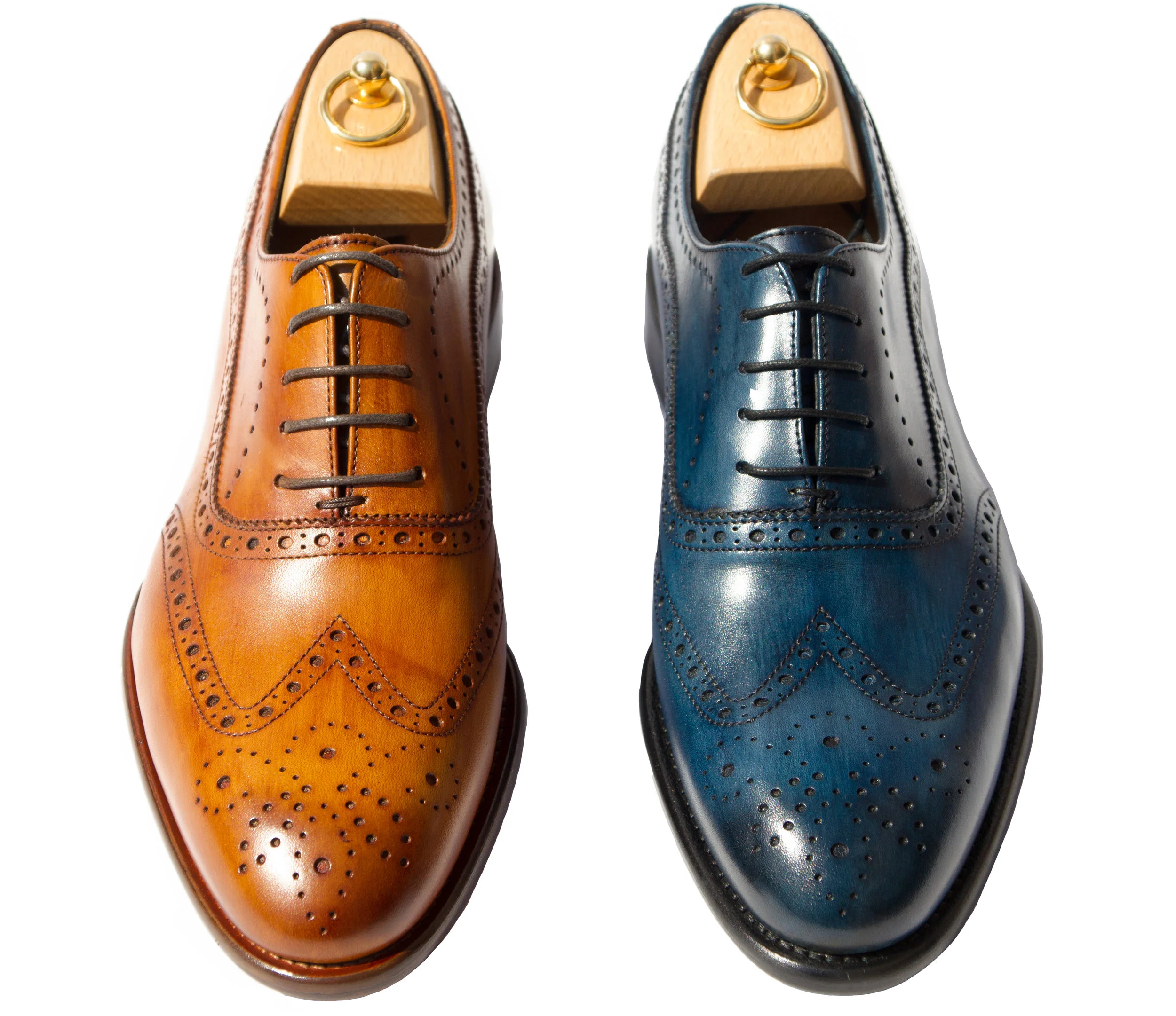 Style # H742: Dark Caramel, Ocean Blue Handpainted Cayenne Calf Wingtip Balmoral Sizes available: 8 to 14 US, including half sizes