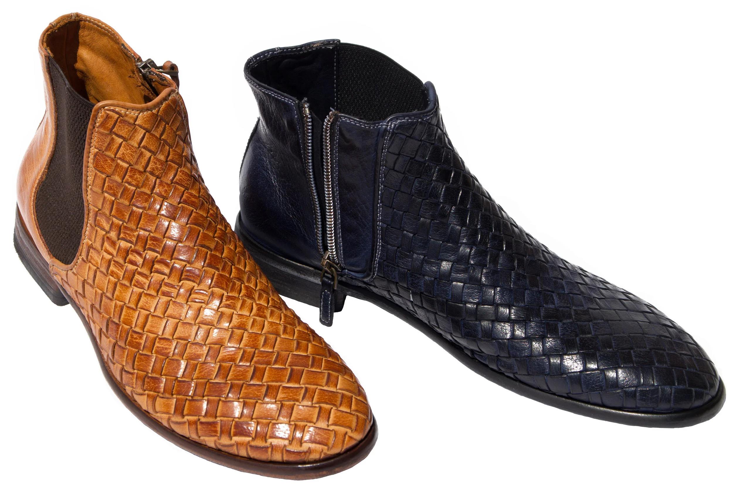 Style # H705: Brick, Navy Blue Dip-Dyed Buffcalf Woven Chelsea Boot featuring a side zipper Sizes available: 40 to 47 EU, including half sizes