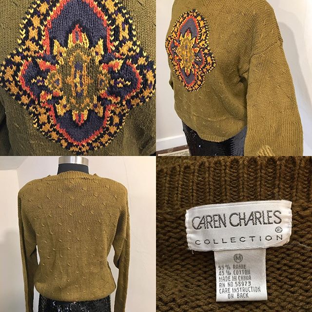 NOW AVAILABLE: Vintage Caren Charles Collection Knit Sweater, Size M. $18. Perfect fall sweater! Olive Green with multicolor design sweater, this sweater is perfect for the season! Vintage/retro sweater in good condition. Great look at a great price!
