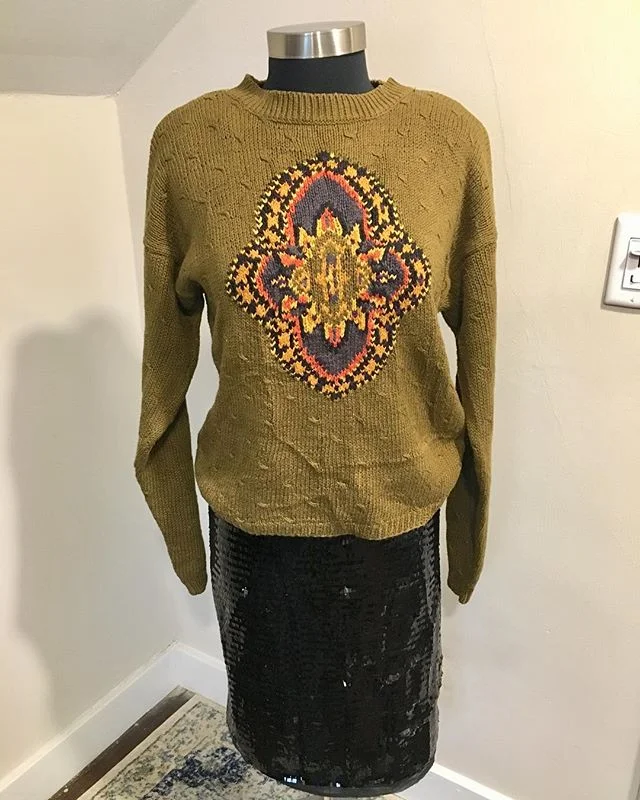 NOW AVAILABLE: Vintage Caren Charles Collection Knit Sweater, Size M. $18. Perfect fall sweater! Olive Green with multicolor design sweater, this sweater is perfect for the season! Vintage/retro sweater in good condition. Great look at a great price!