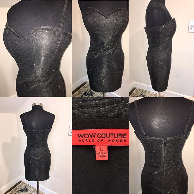 NOW AVAILABLE: WOW Couture Black Metallic Corset Fit Mini Dress, Size L. $30. Turn heads at any holiday party in this Bodycon corset-style mini dress by WOW Couture! Fabric is black with silver metallic specks, in perfect condition. Back zip with hoo