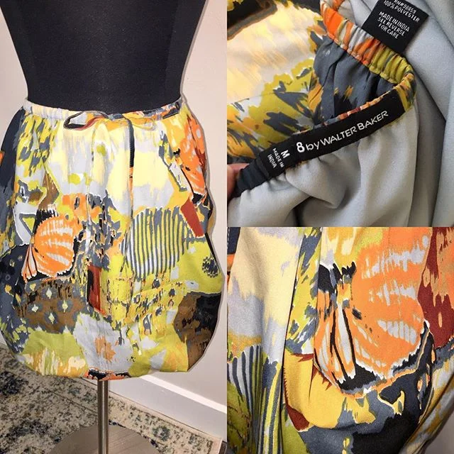 NOW AVAILABLE: W118 by Walter Baker Abstract Mini Skirt, Size M. $22. Super cute floral skirt by W118 by Walter Baker, found in Saks and Nordstrom. Mini skirt is lined, has a drawstring. Feels like silk, but fabric is polyester. Small area with signs