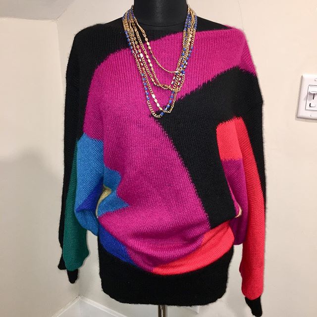 NOW AVAILABLE: Vintage Mohair Colorblock Sweater/Dress, Size M-XXL. $50. Rare find!! Oversized mohair sweater in brilliant jewel-tone colors. Boatneck Style. Sleeves are large, dolman style with a zigzag/ sawtooth design underneath. Tag with brand an