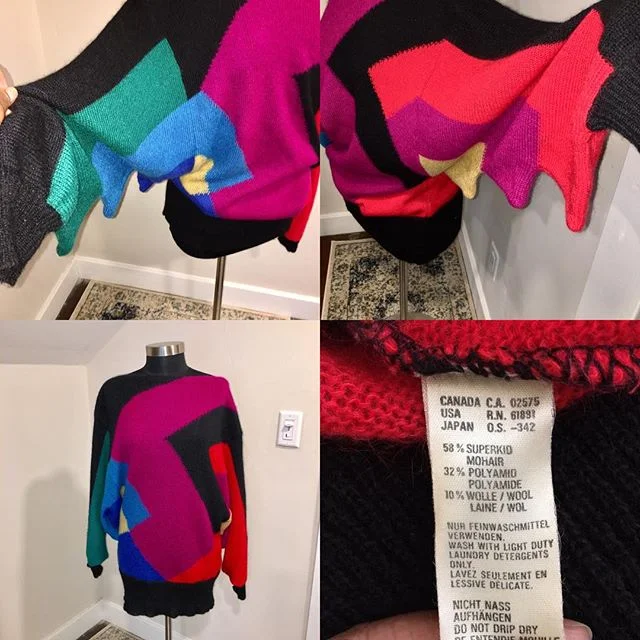 NOW AVAILABLE: Vintage Mohair Colorblock Sweater/Dress, Size M-XXL. $50. Rare find!! Oversized mohair sweater in brilliant jewel-tone colors. Boatneck Style. Sleeves are large, dolman style with a zigzag/ sawtooth design underneath. Tag with brand an